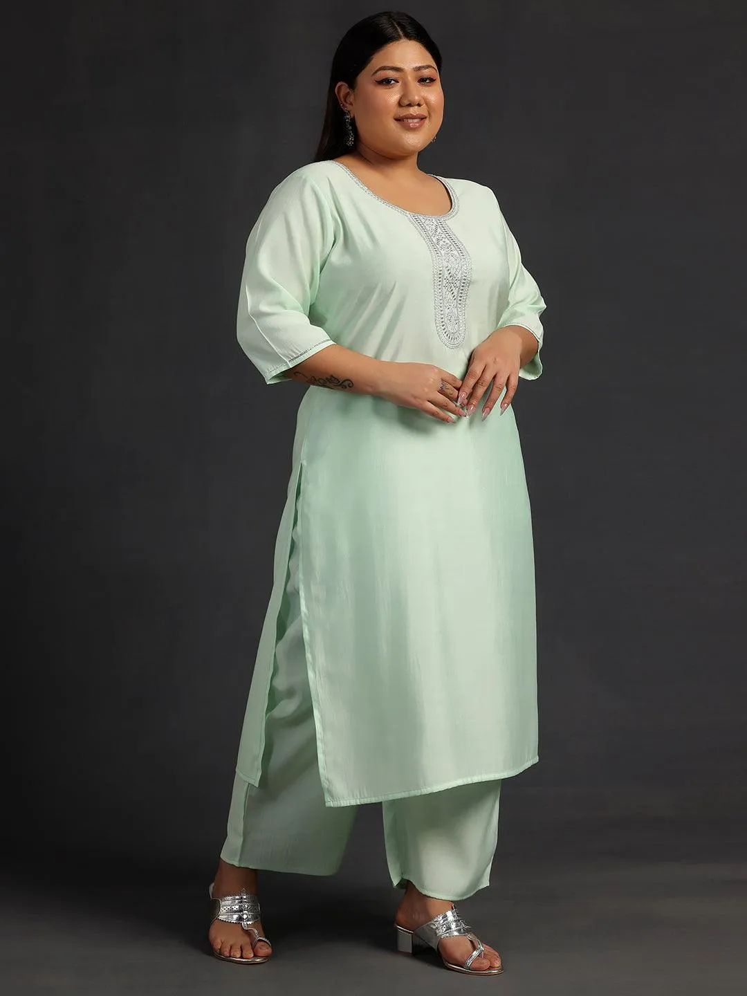 Plus Size Green Yoke Design Silk Blend Straight Suit With Dupatta