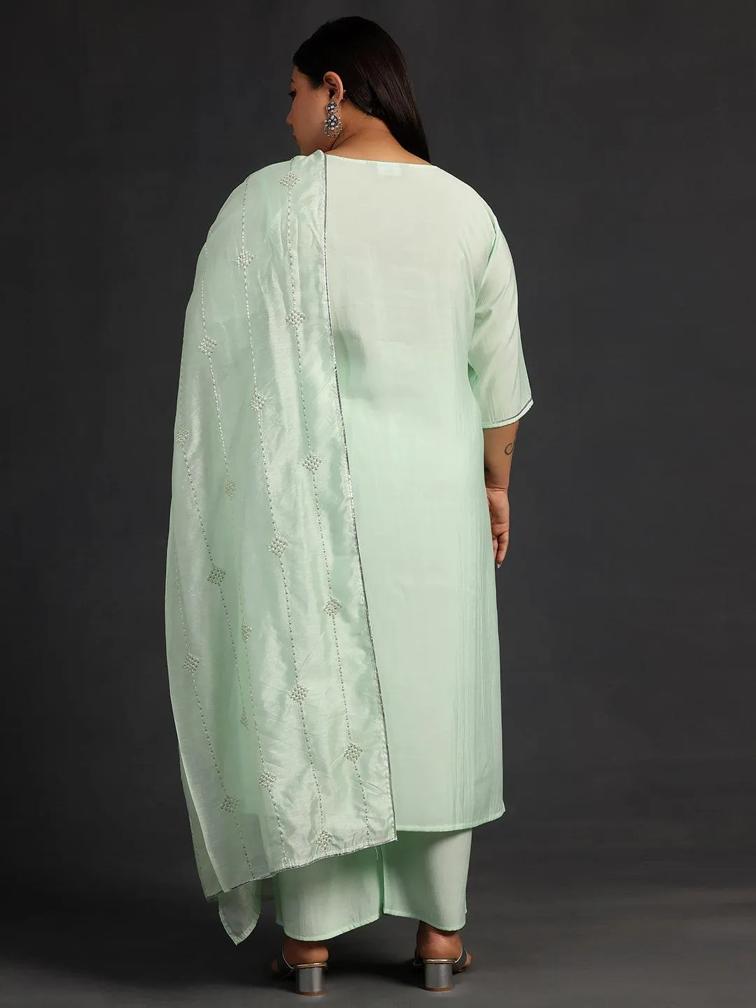 Plus Size Green Yoke Design Silk Blend Straight Suit With Dupatta