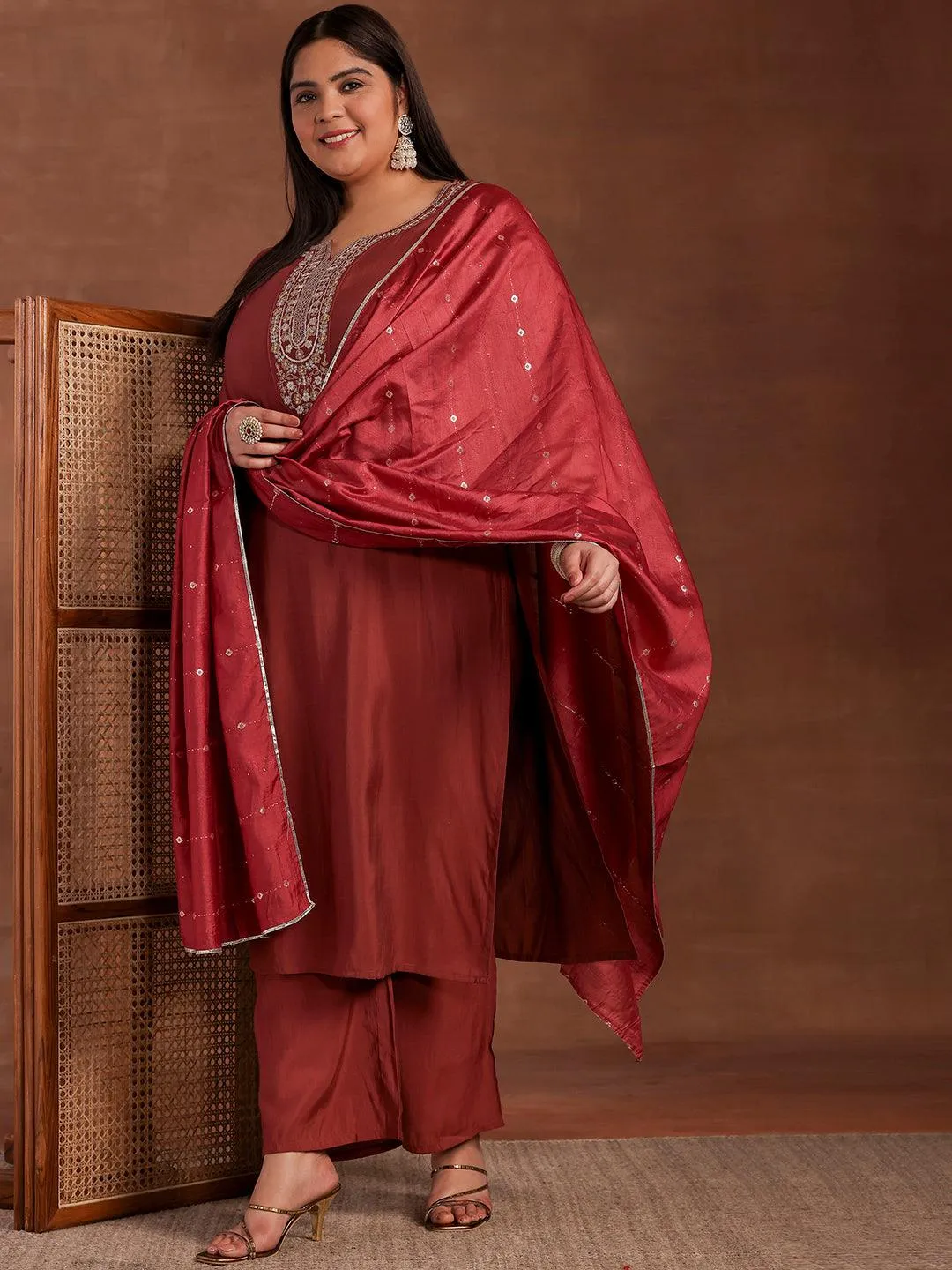 Plus Size Mauve Yoke Design Silk Blend Straight Suit With Dupatta