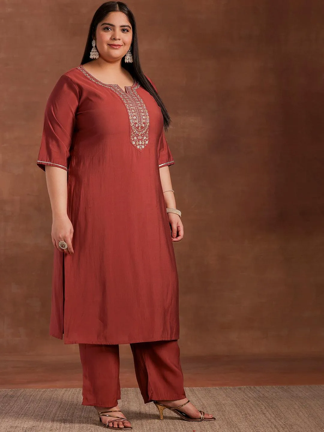 Plus Size Mauve Yoke Design Silk Blend Straight Suit With Dupatta