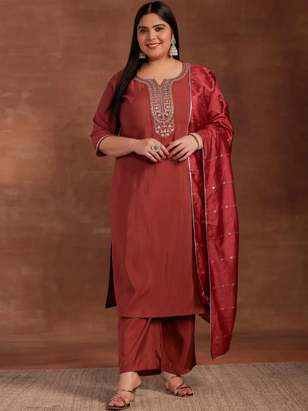 Plus Size Mauve Yoke Design Silk Blend Straight Suit With Dupatta