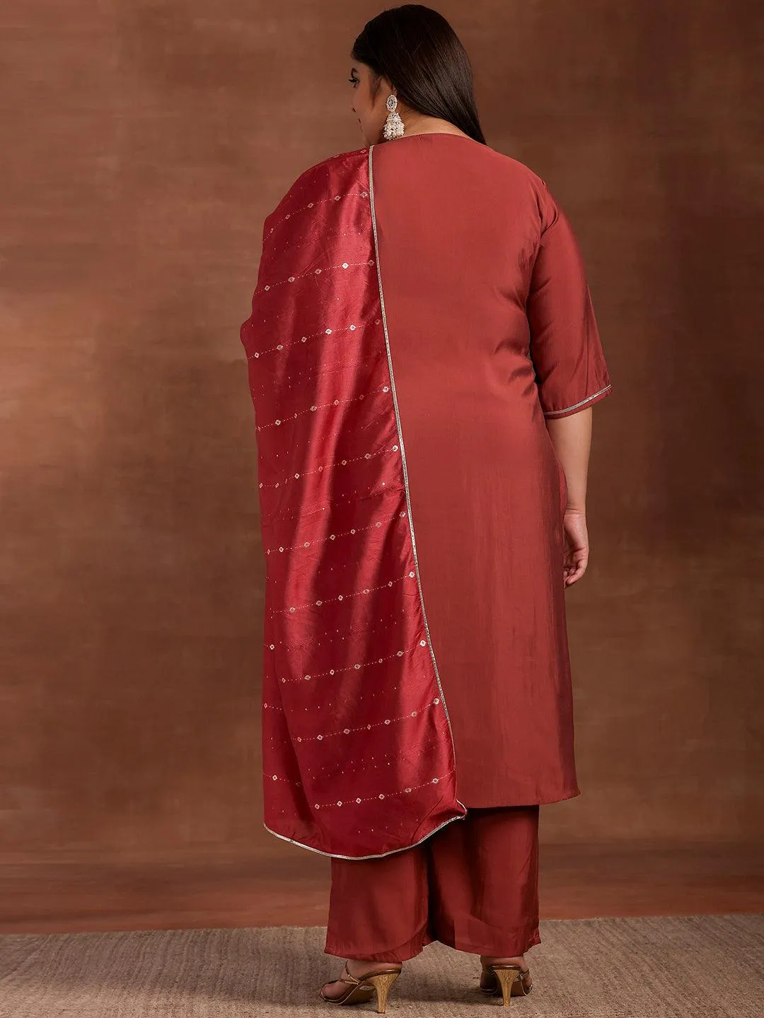 Plus Size Mauve Yoke Design Silk Blend Straight Suit With Dupatta