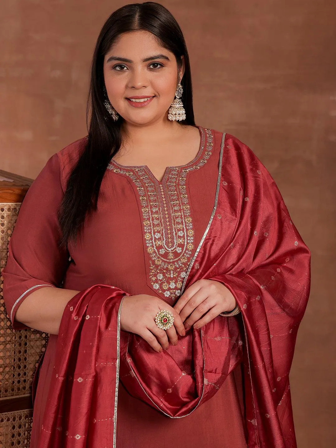 Plus Size Mauve Yoke Design Silk Blend Straight Suit With Dupatta