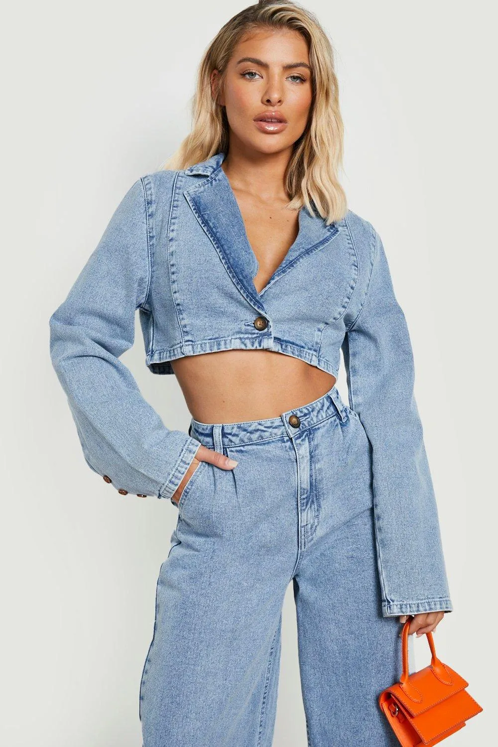 Premium Cropped Boxy Denim Blazer