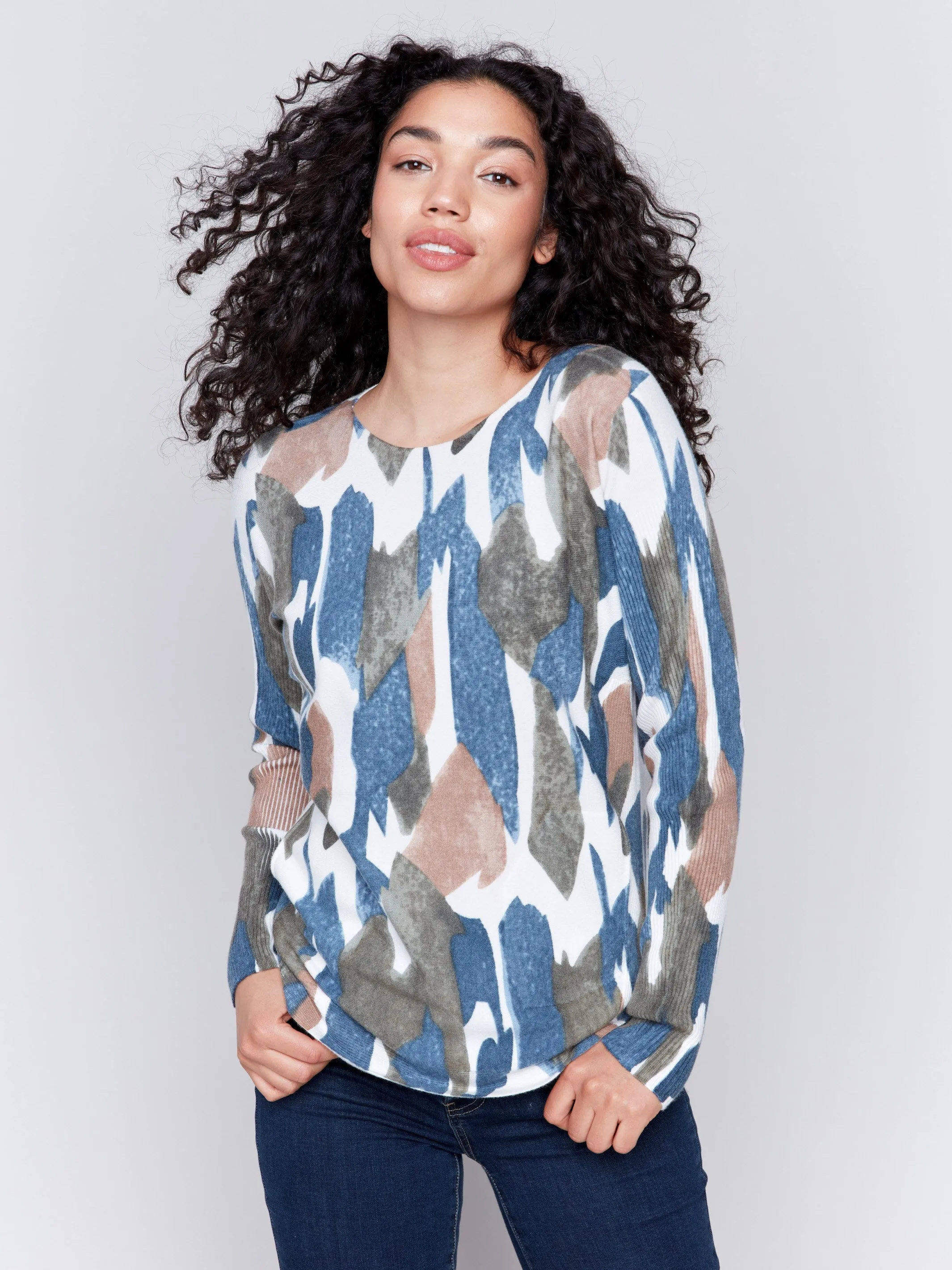 Printed Plush Knit Sweater - Moss