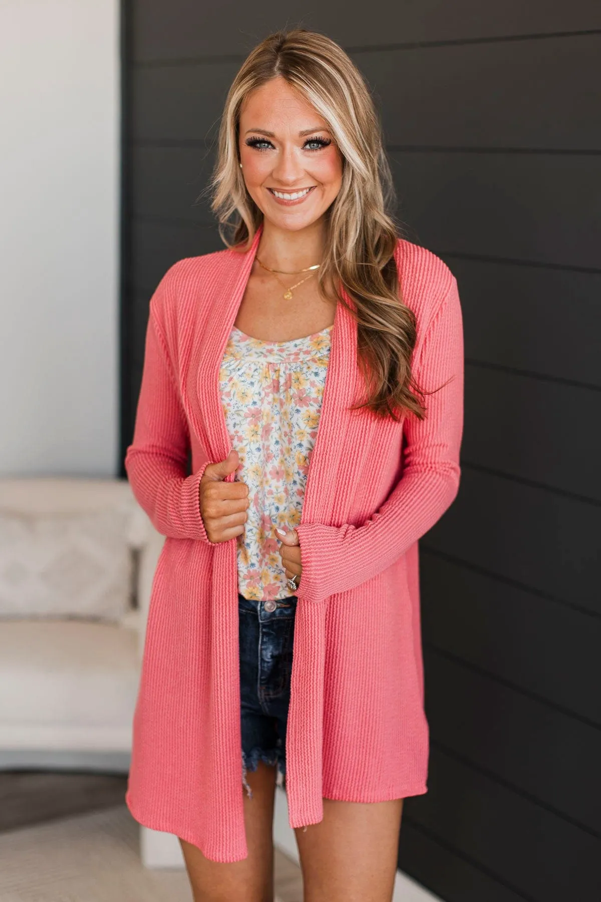 Protect My Heart Ribbed Cardigan- Coral