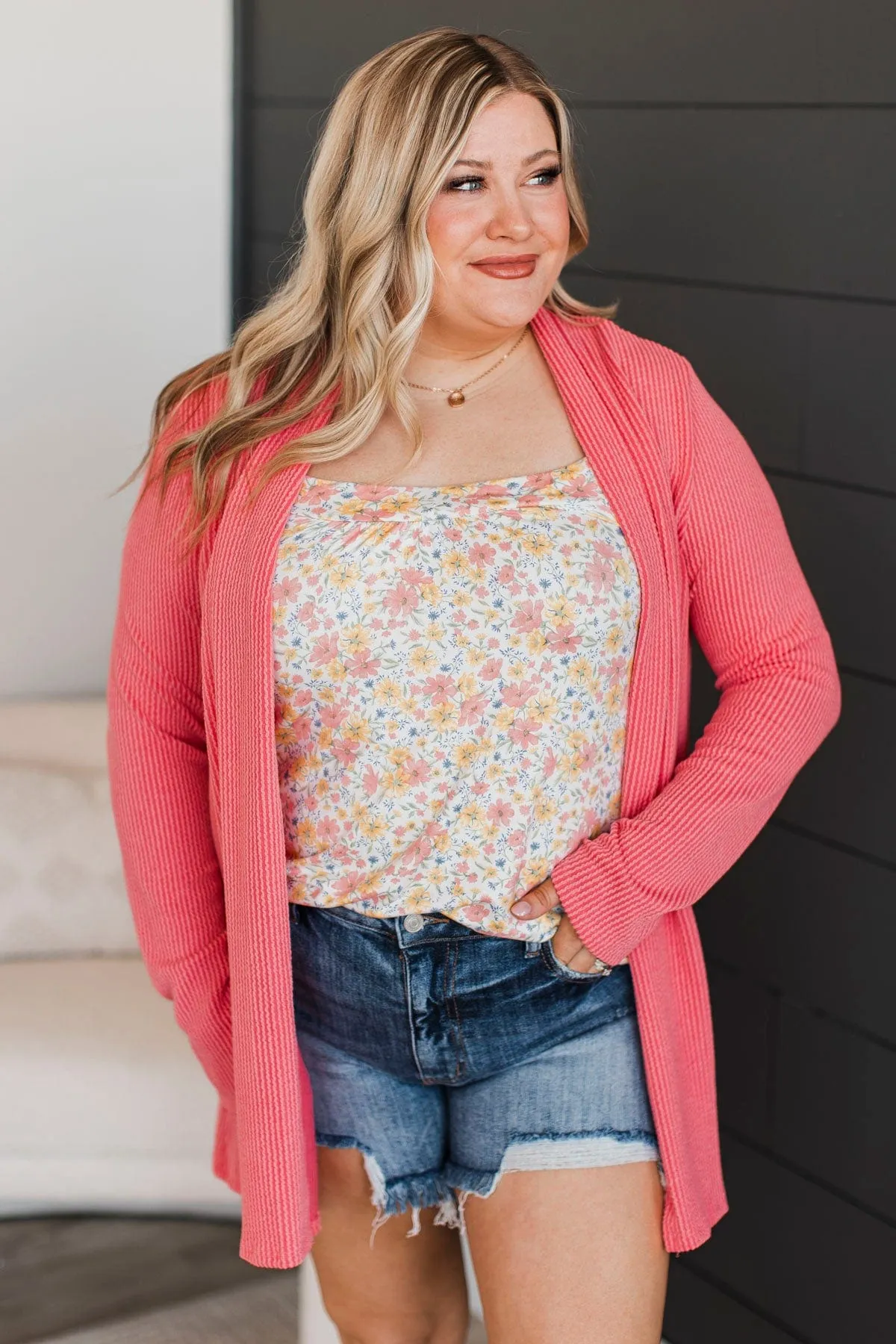 Protect My Heart Ribbed Cardigan- Coral