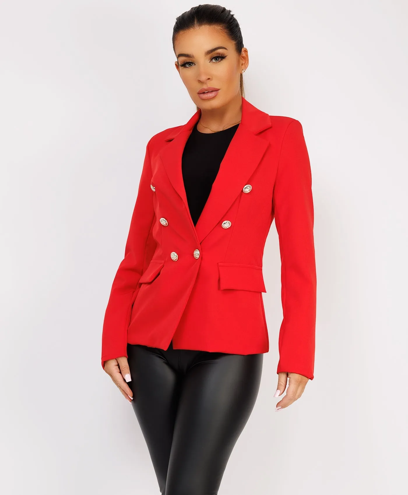 Red Double Breast Gold Buttons Elegant Blazer Jacket