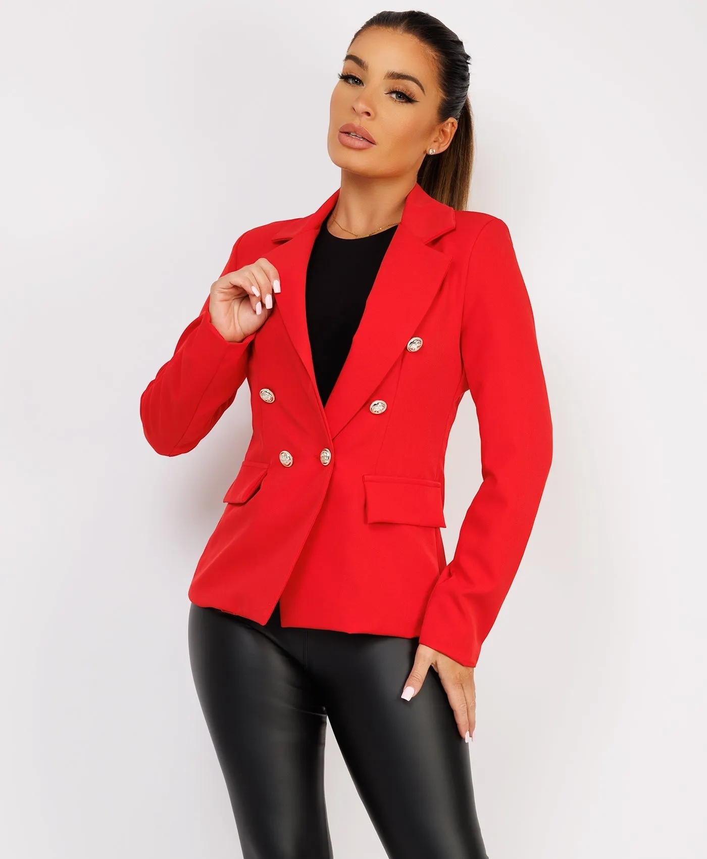 Red Double Breast Gold Buttons Elegant Blazer Jacket