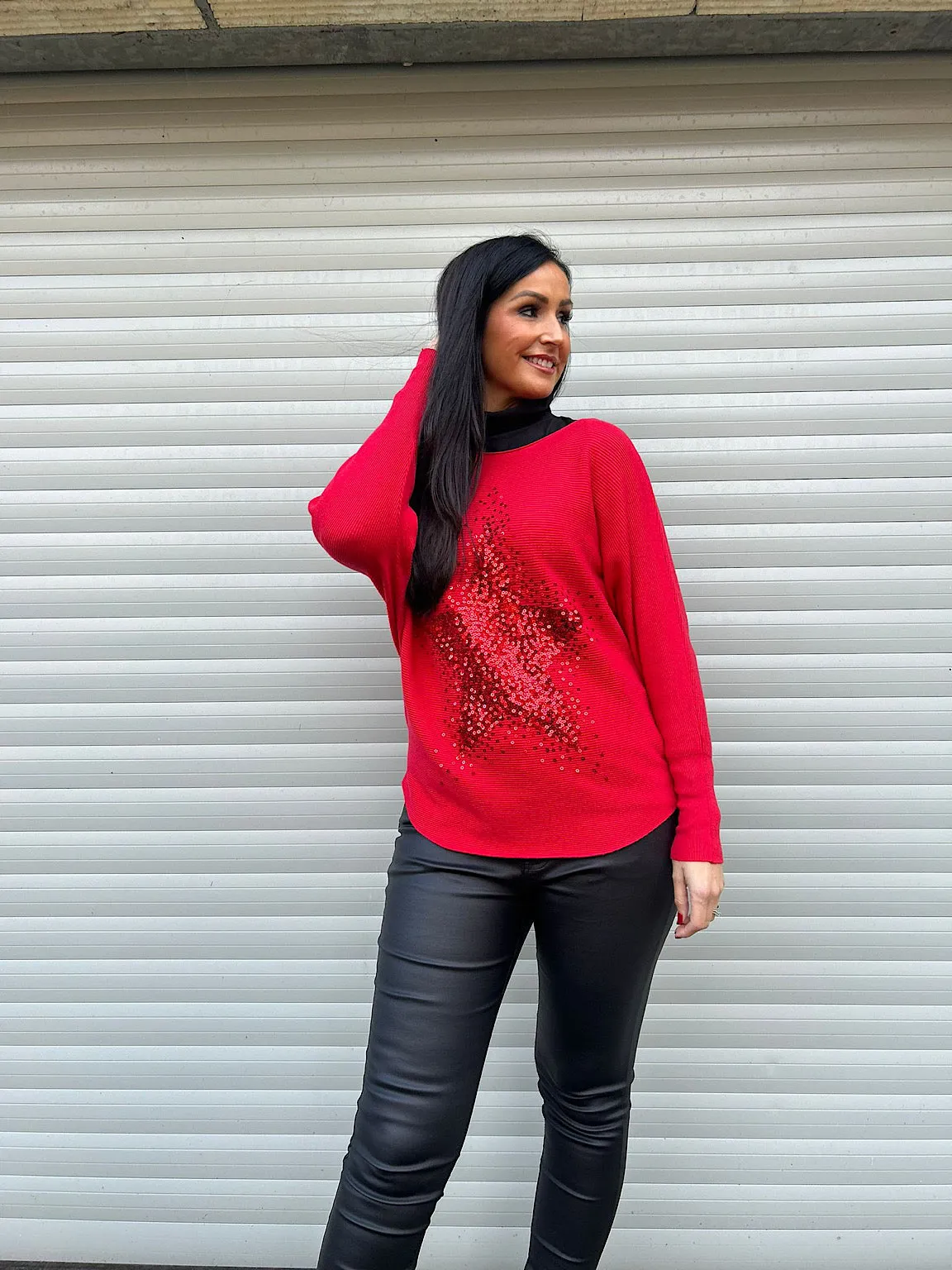 Red Ribbed Sequin Star Knit Hannah