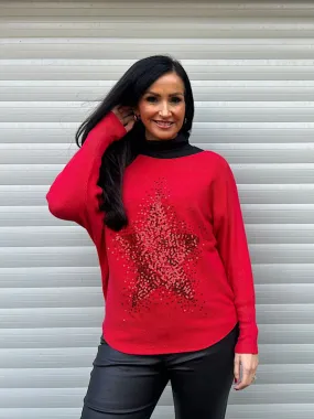 Red Ribbed Sequin Star Knit Hannah