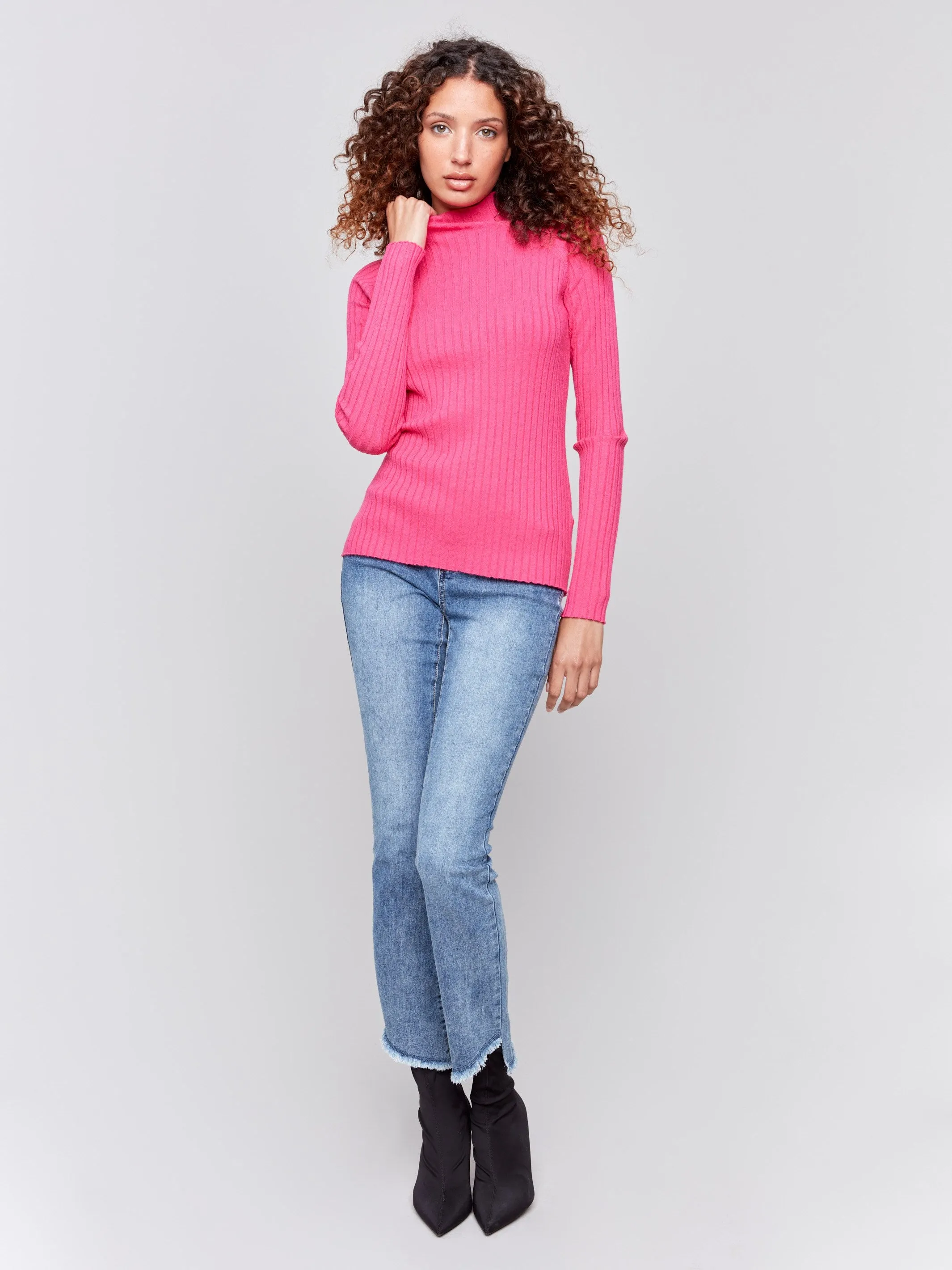 Ribbed Knit Mock Neck Sweater - Magenta