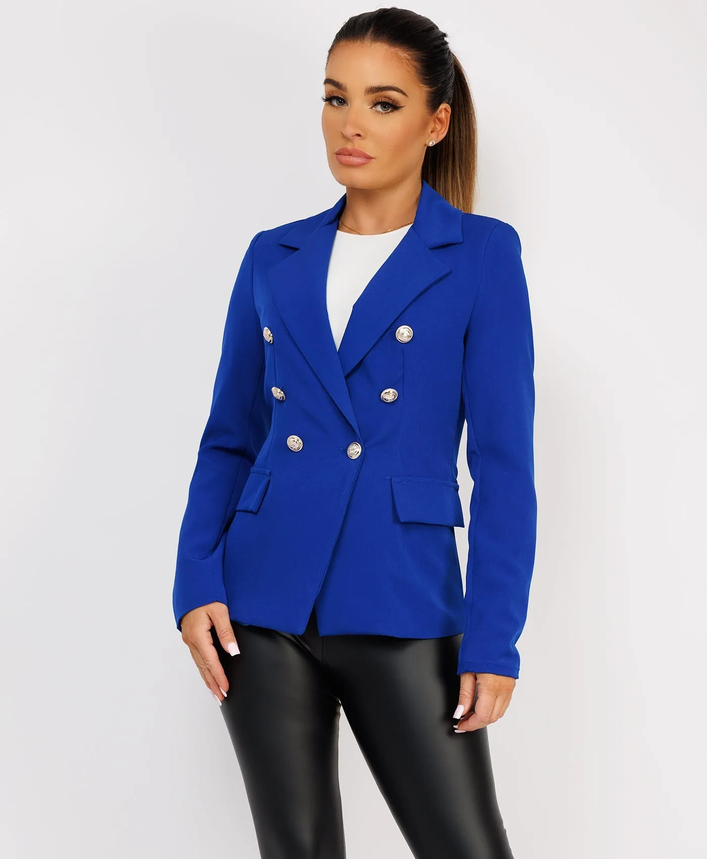 Royal Blue Double Breast Gold Buttons Elegant Blazer Jacket