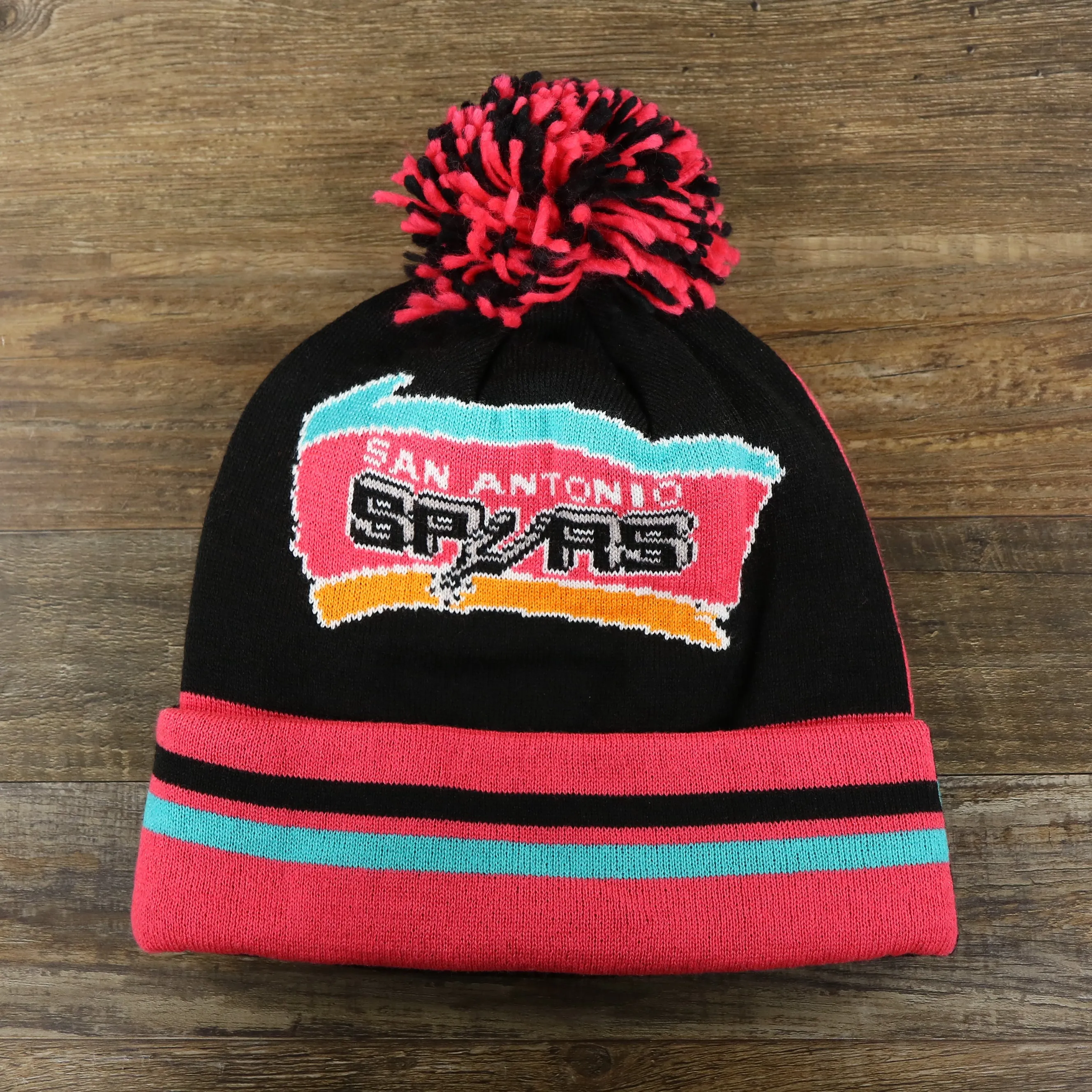 San Antonio Spurs Retro Logo Two Sided Cuffed Winter Beanie | Pink And Black Winter Beanie