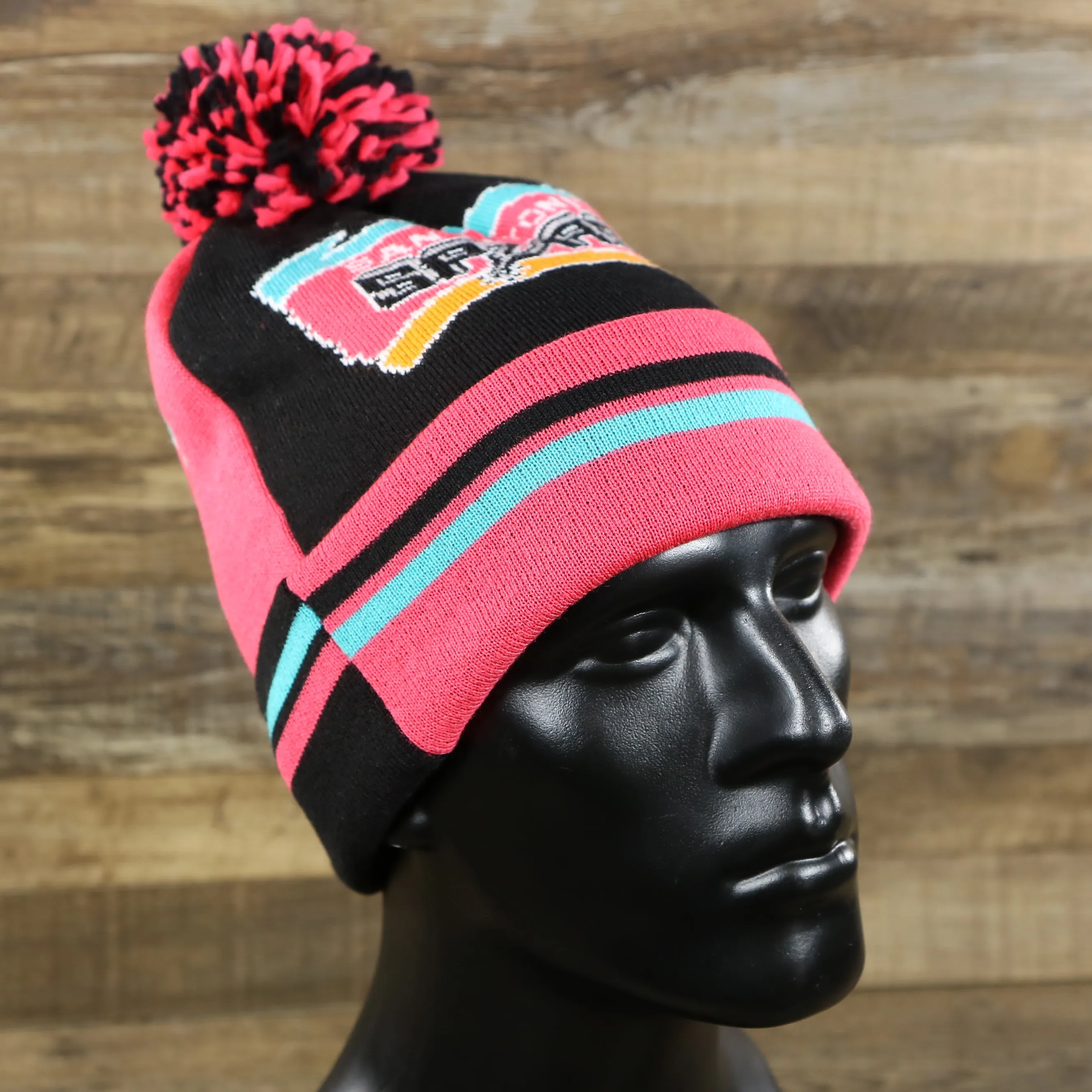 San Antonio Spurs Retro Logo Two Sided Cuffed Winter Beanie | Pink And Black Winter Beanie