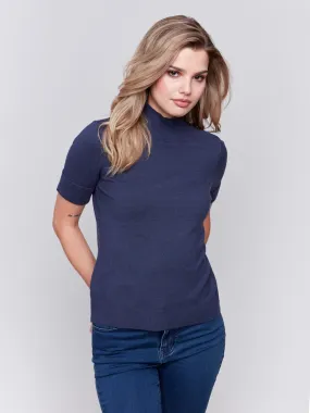 Short Sleeve Mock Neck Sweater - Denim