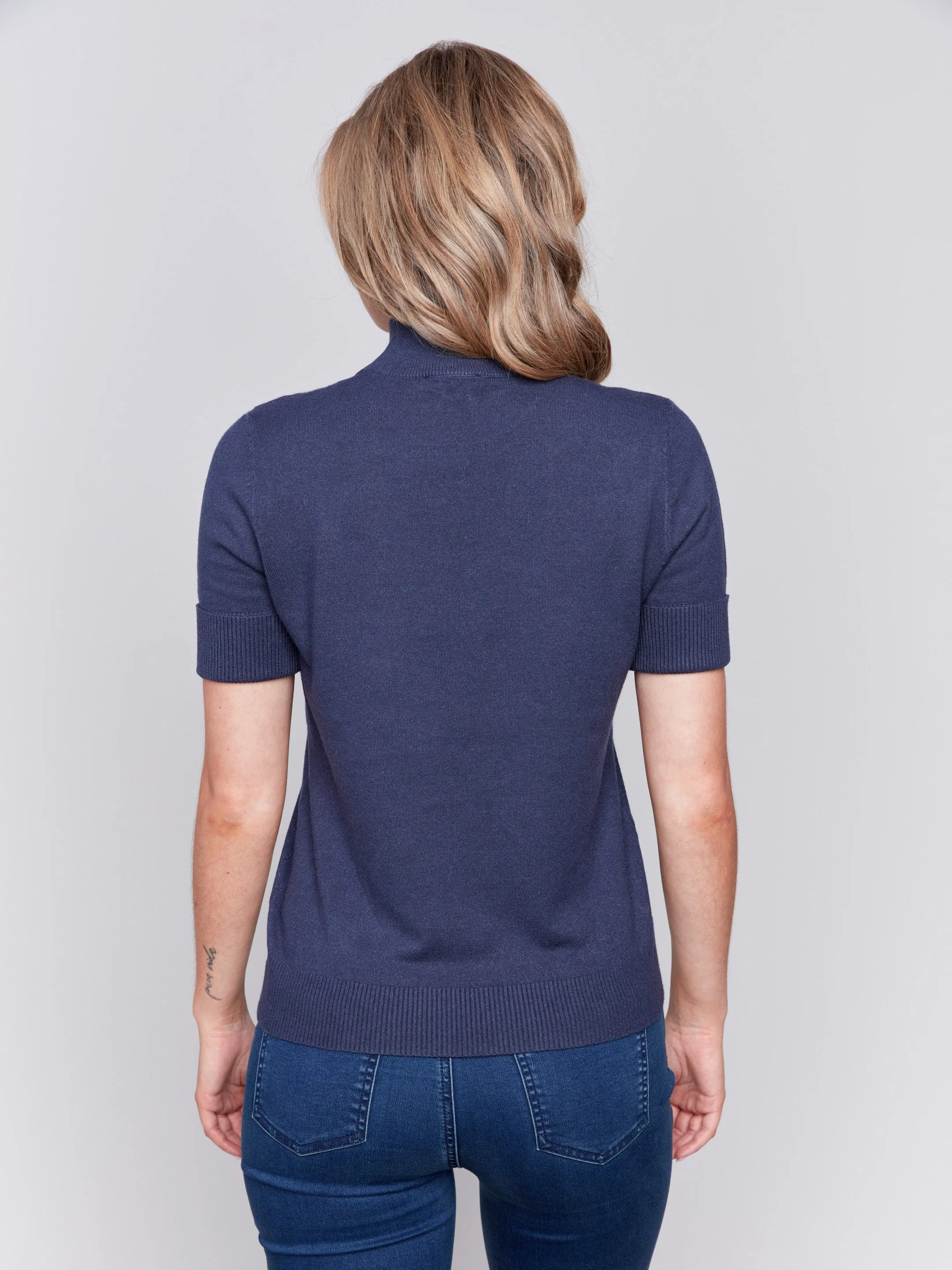 Short Sleeve Mock Neck Sweater - Denim