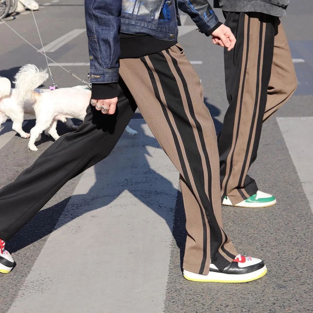 SIDE-STRIPE SPLIT TRACK PANTS - BLACK-GREY/ BLACK-BROWN