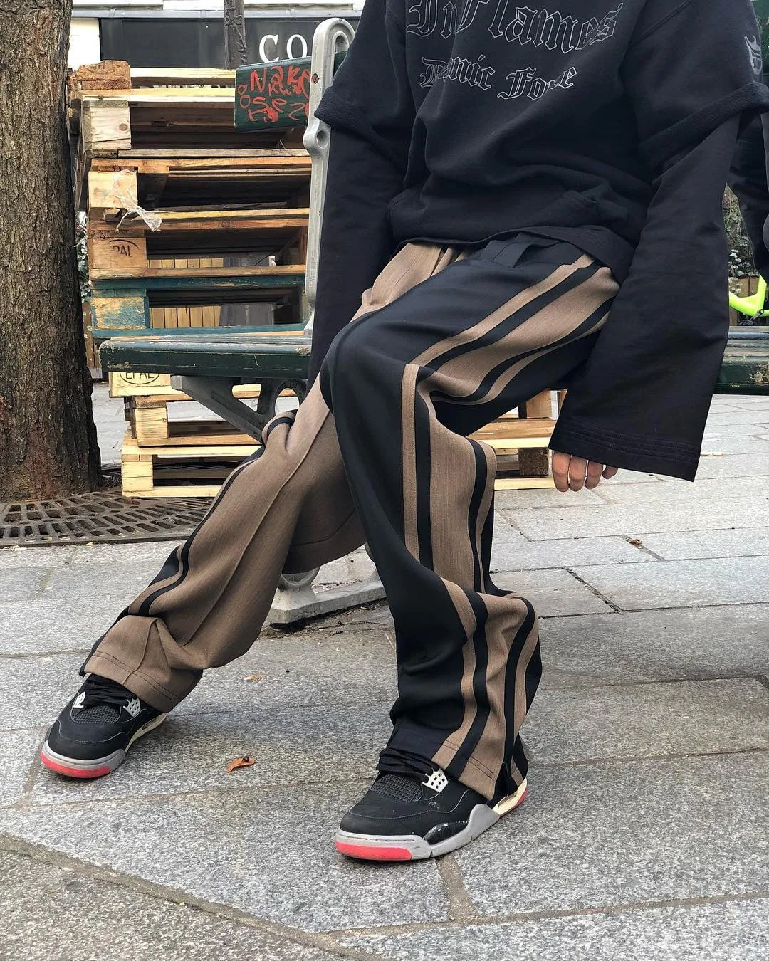 SIDE-STRIPE SPLIT TRACK PANTS - BLACK-GREY/ BLACK-BROWN