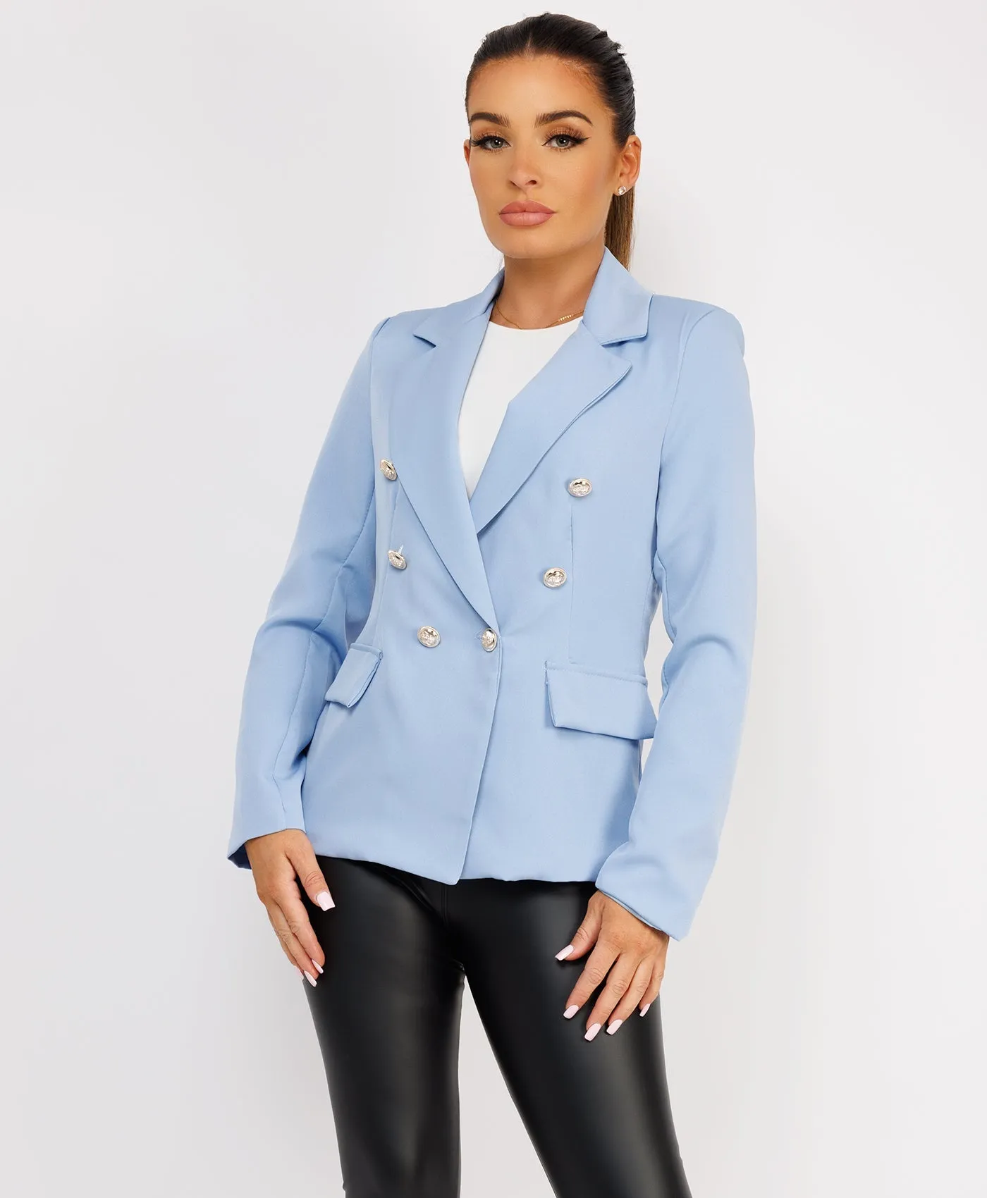 Sky Blue Double Breast Gold Buttons Elegant Blazer Jacket