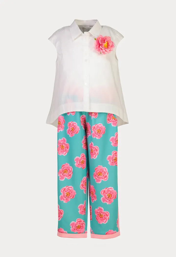 Solid Hi-Low Floral Pattern Shirt And Pants Set