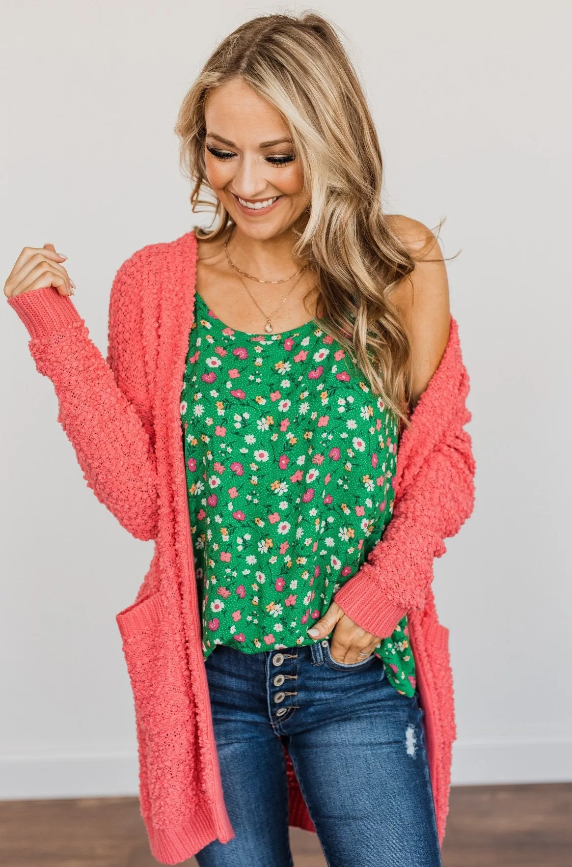 Stealing Glances Popcorn Knit Cardigan- Coral