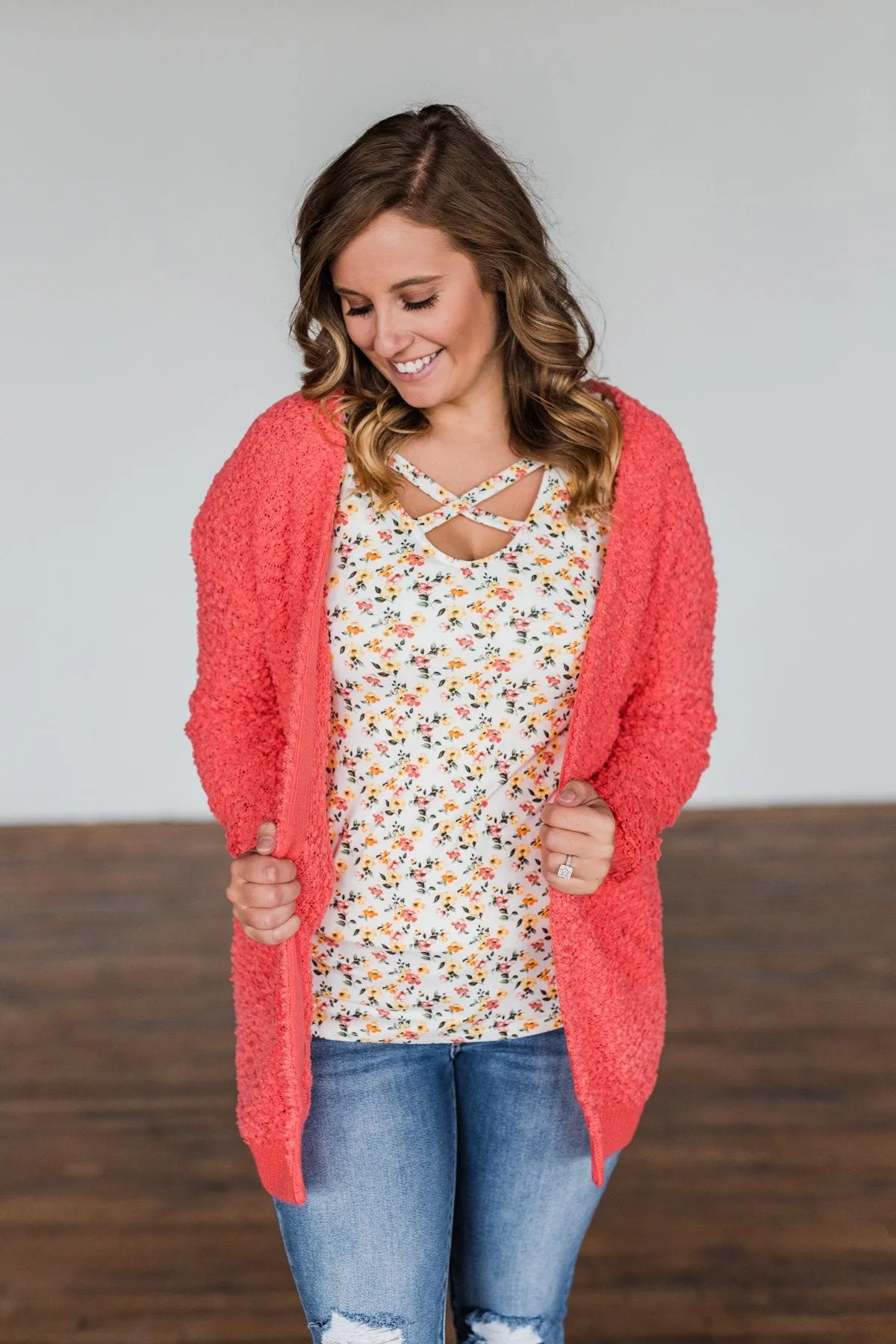 Stealing Glances Popcorn Knit Cardigan- Coral