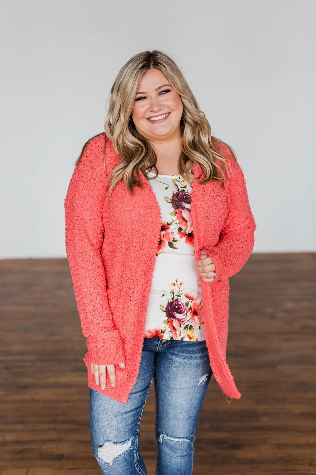 Stealing Glances Popcorn Knit Cardigan- Coral