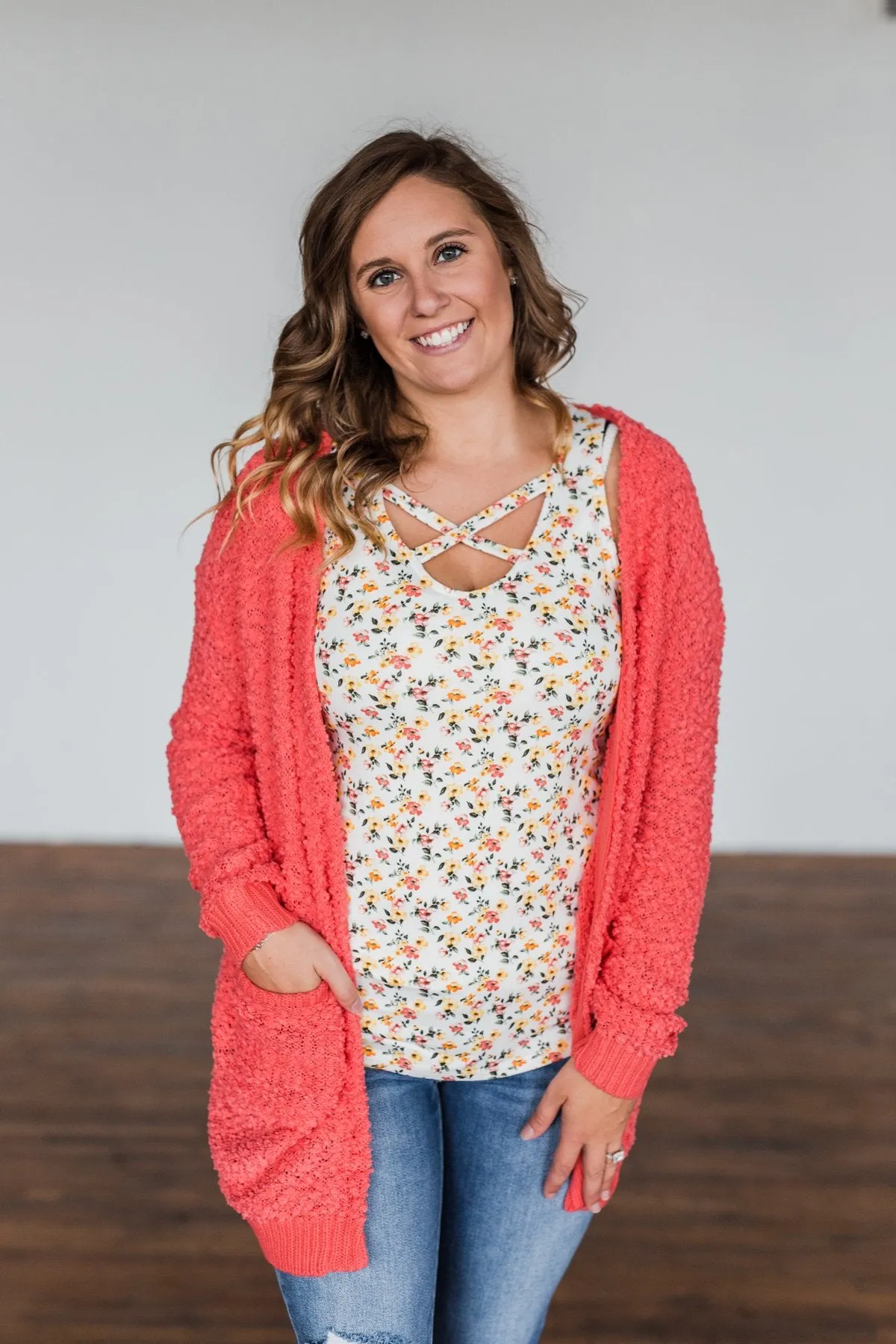 Stealing Glances Popcorn Knit Cardigan- Coral