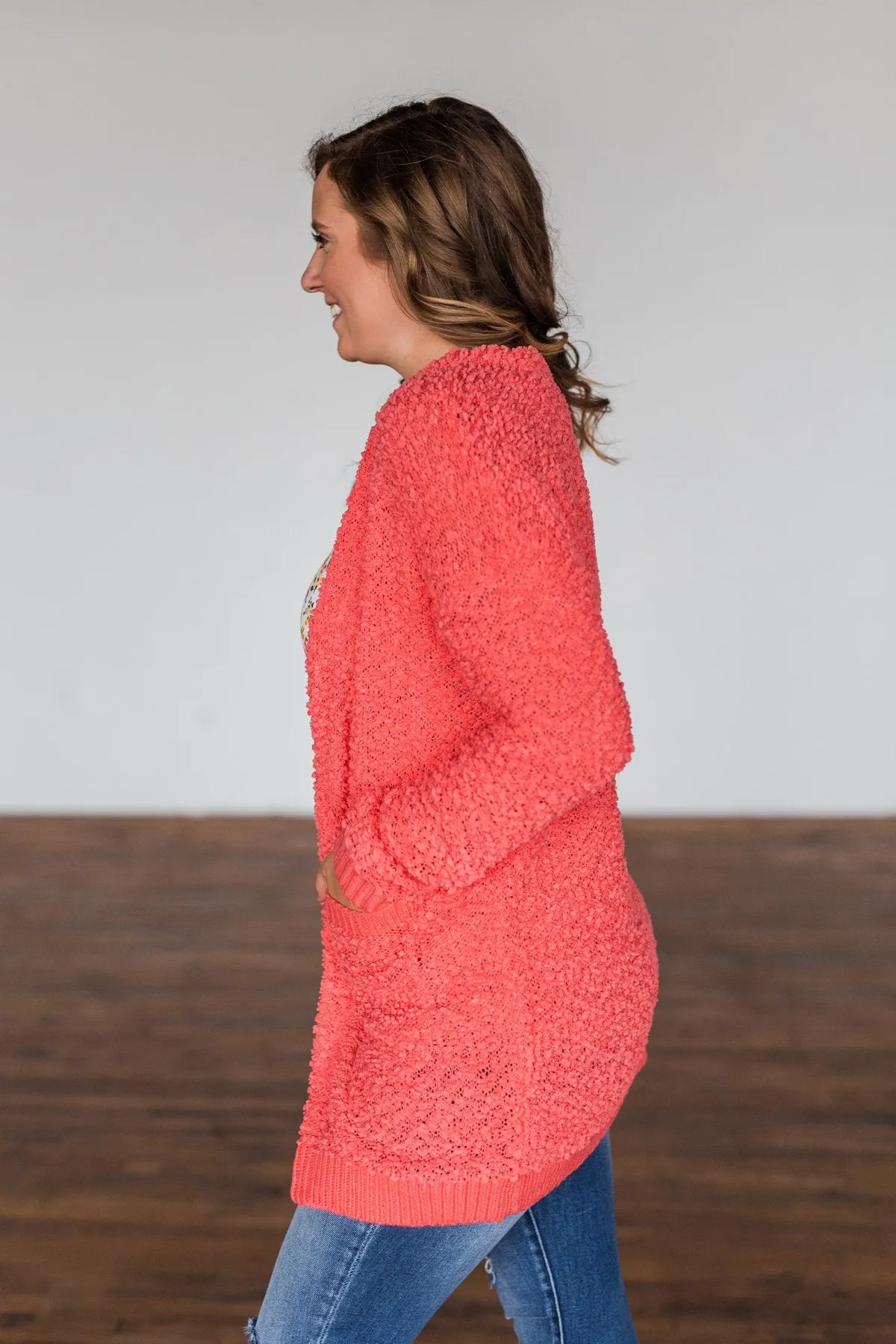 Stealing Glances Popcorn Knit Cardigan- Coral