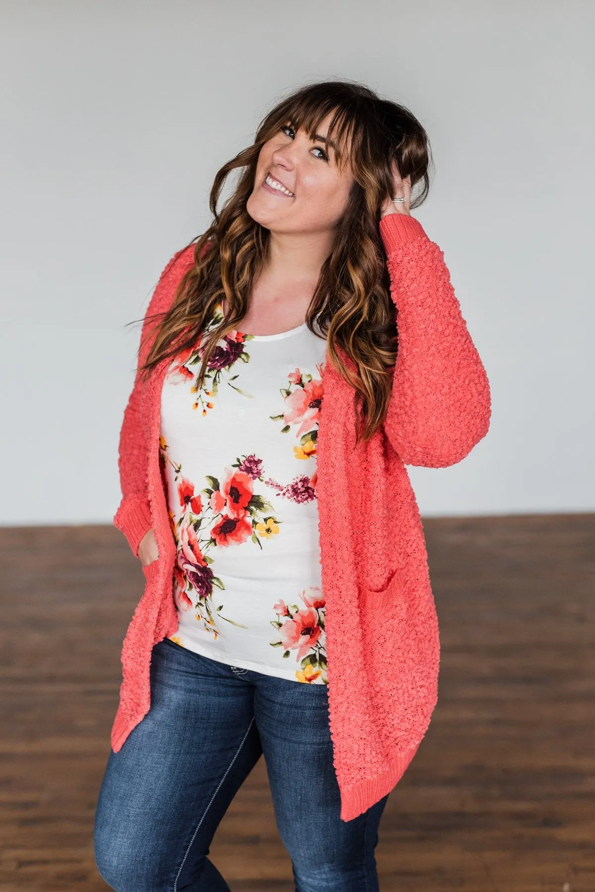 Stealing Glances Popcorn Knit Cardigan- Coral