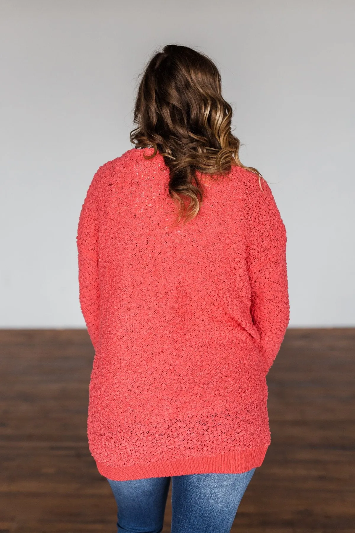 Stealing Glances Popcorn Knit Cardigan- Coral