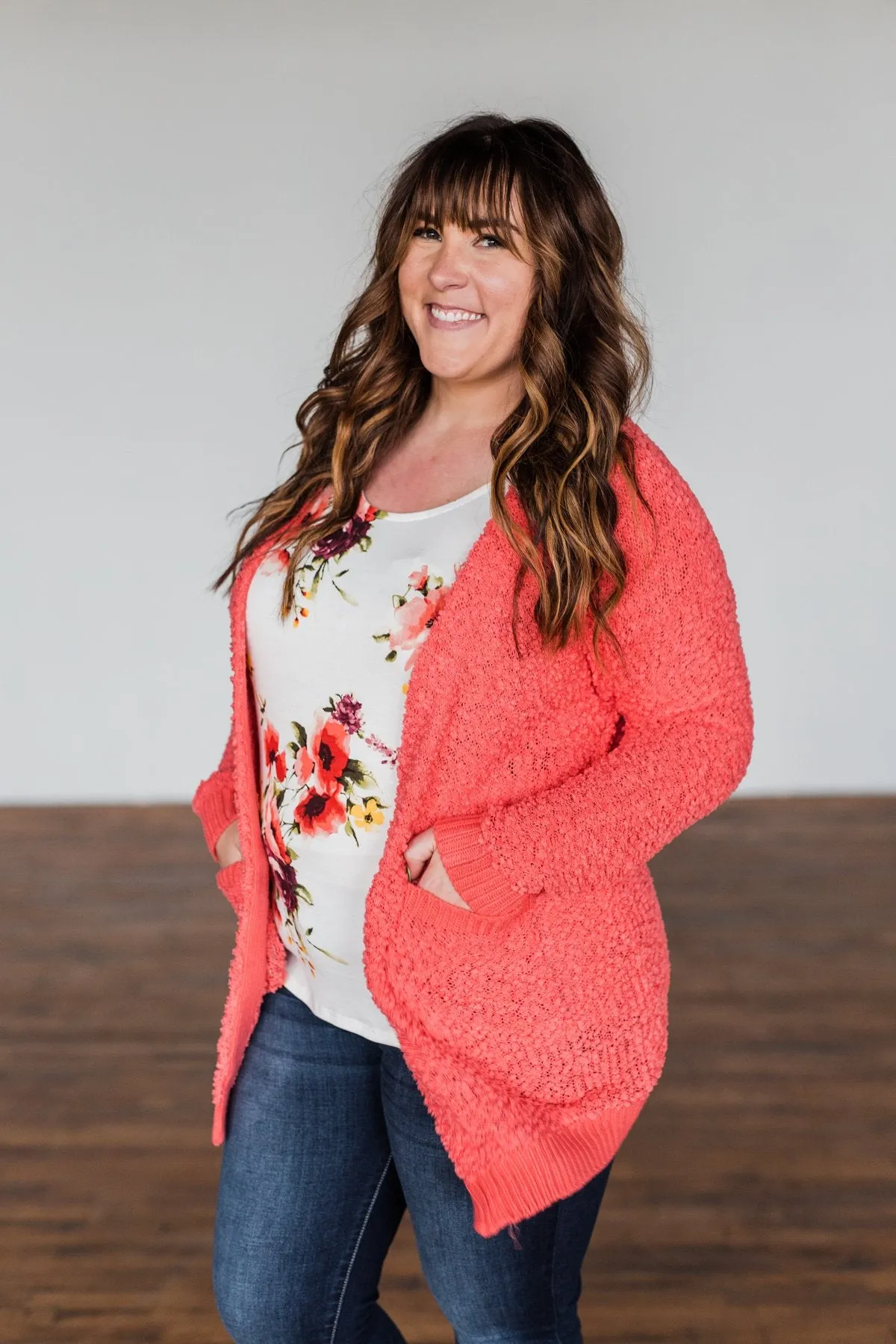 Stealing Glances Popcorn Knit Cardigan- Coral