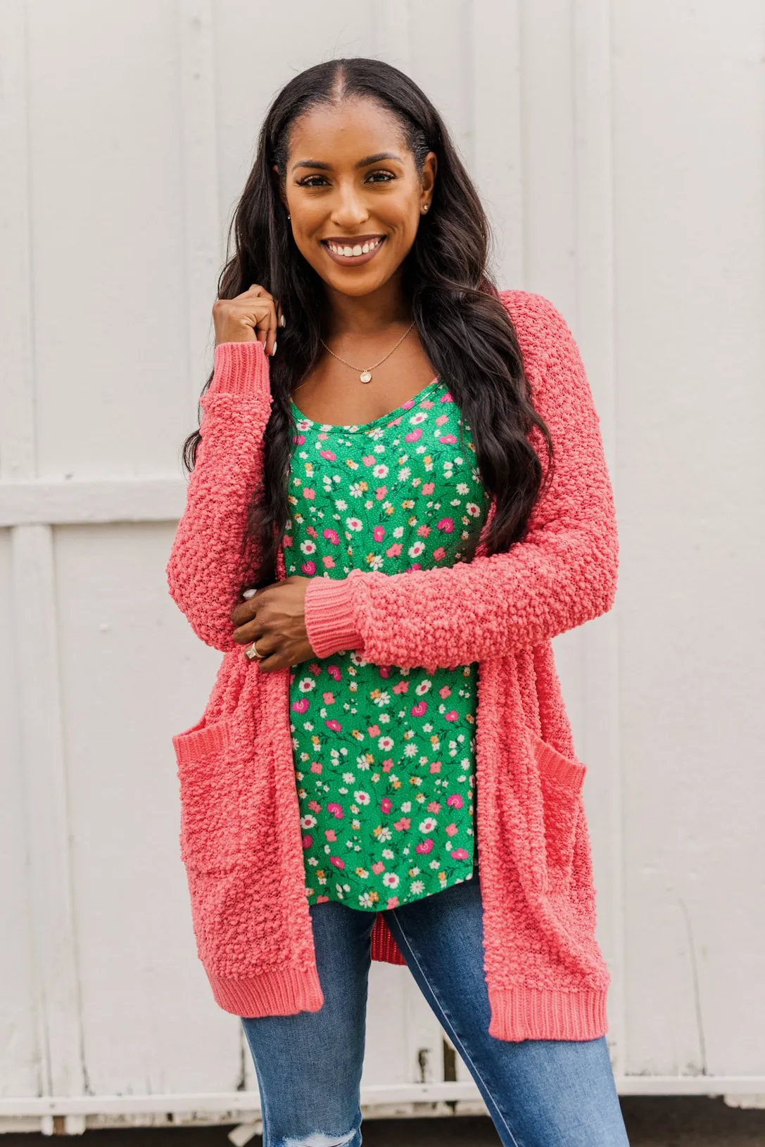 Stealing Glances Popcorn Knit Cardigan- Coral