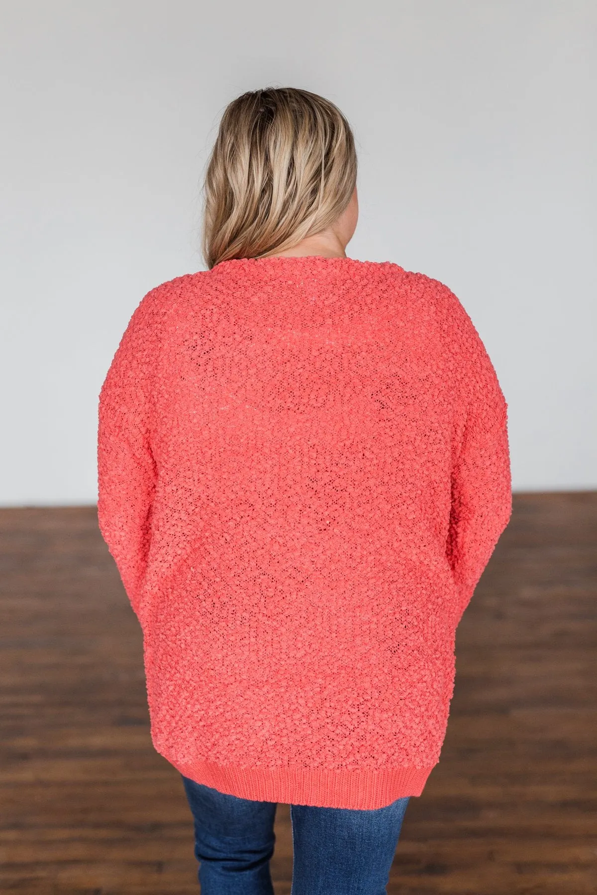 Stealing Glances Popcorn Knit Cardigan- Coral