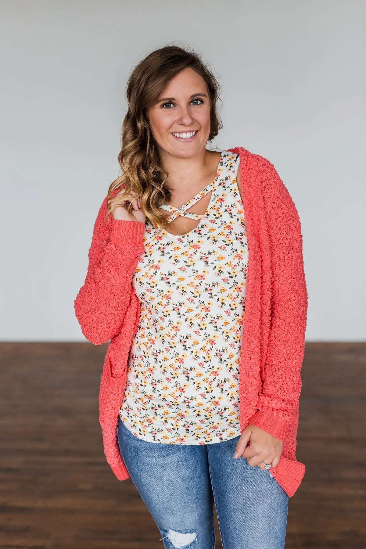 Stealing Glances Popcorn Knit Cardigan- Coral