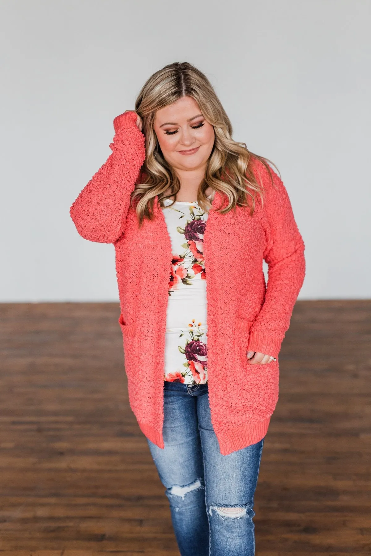 Stealing Glances Popcorn Knit Cardigan- Coral