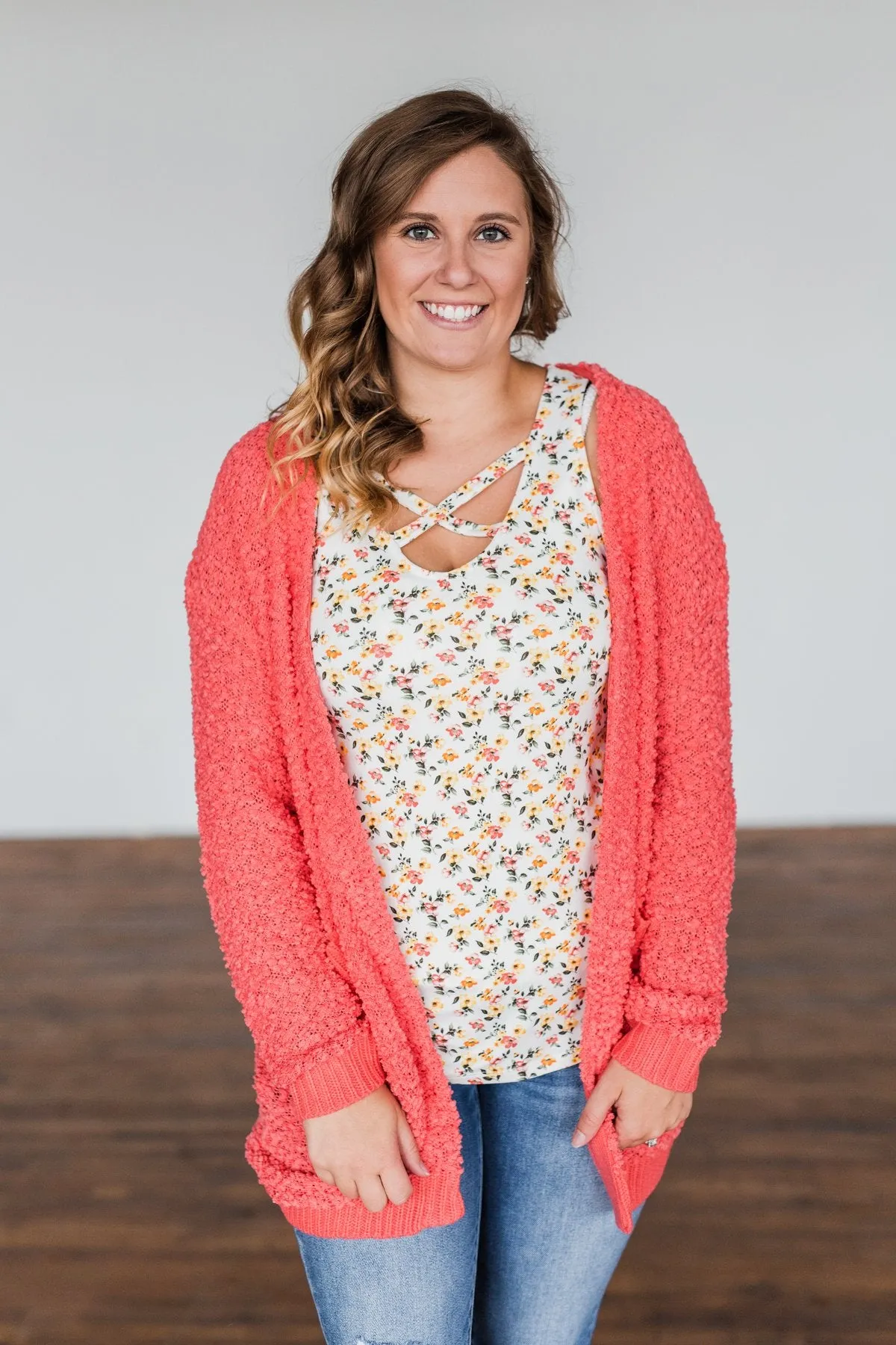 Stealing Glances Popcorn Knit Cardigan- Coral