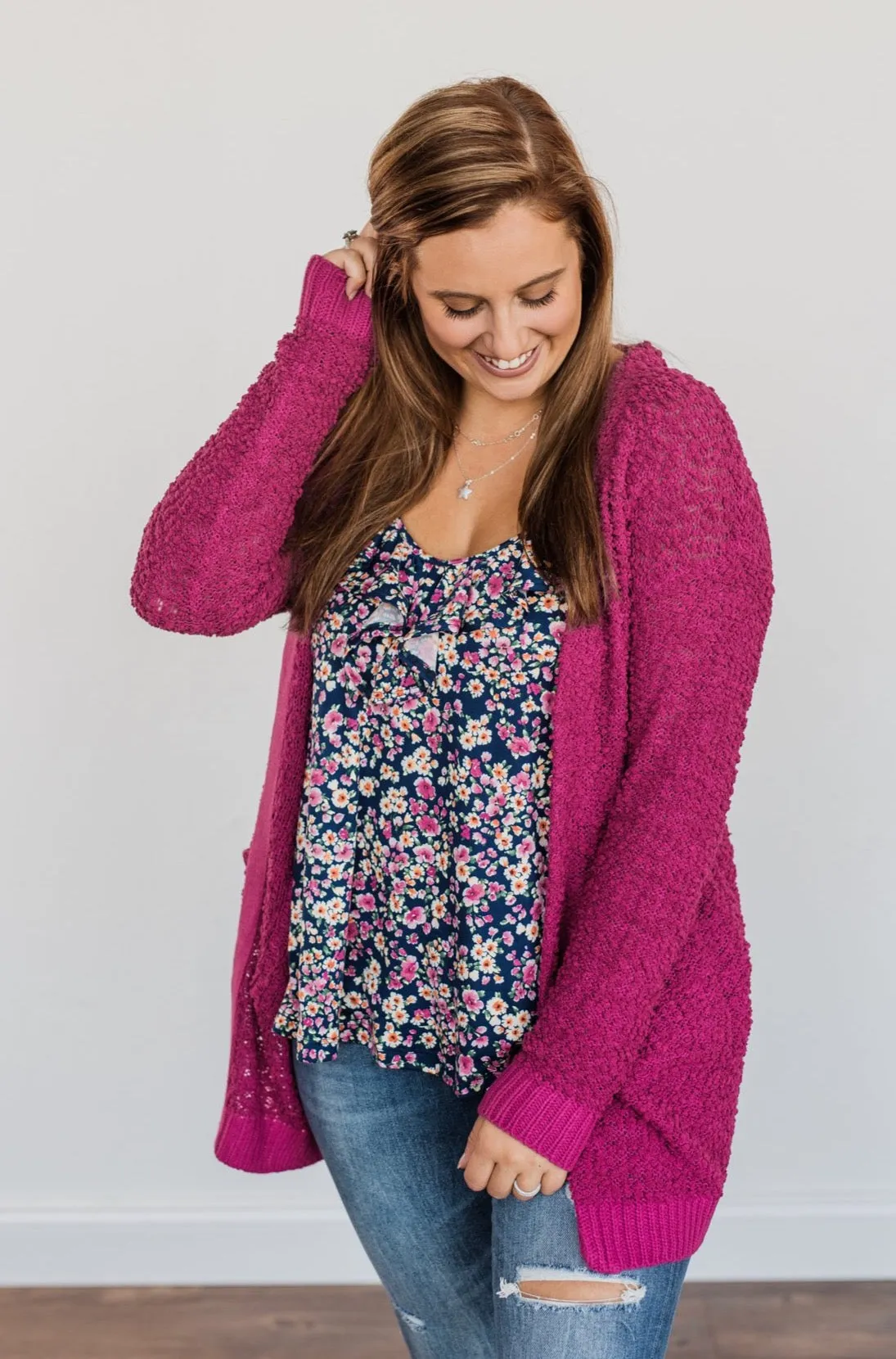 Stealing Glances Popcorn Knit Cardigan- Magenta