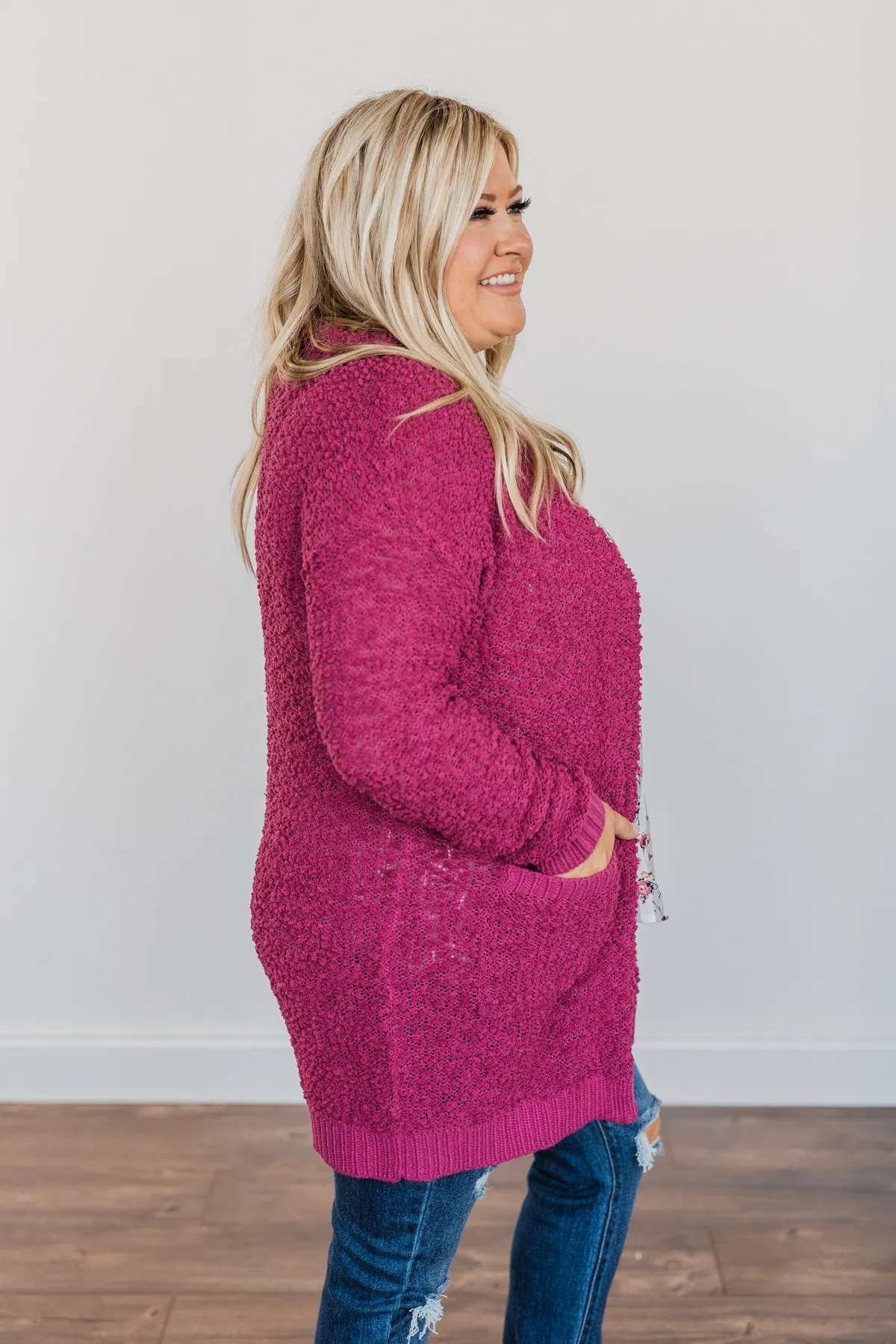 Stealing Glances Popcorn Knit Cardigan- Magenta