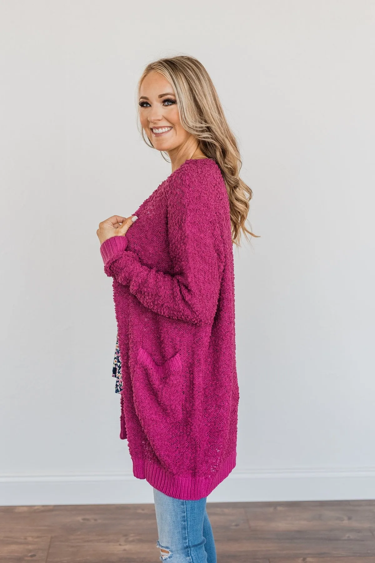 Stealing Glances Popcorn Knit Cardigan- Magenta