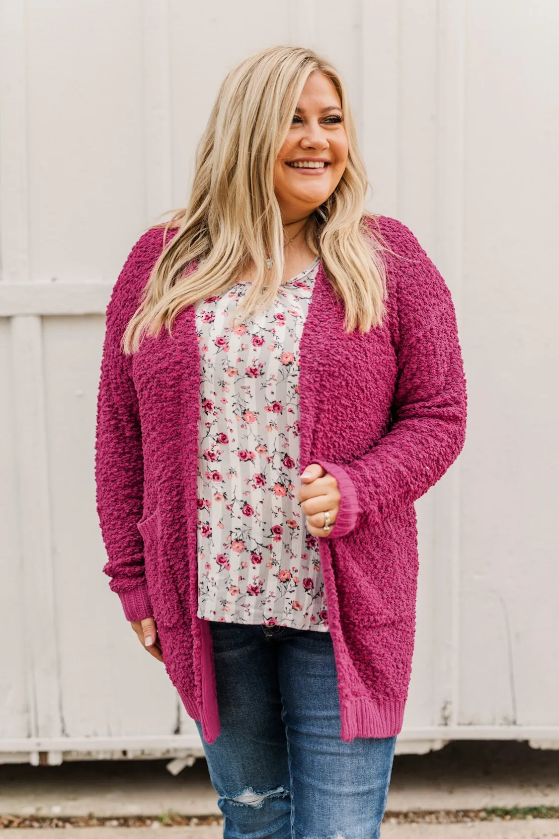 Stealing Glances Popcorn Knit Cardigan- Magenta