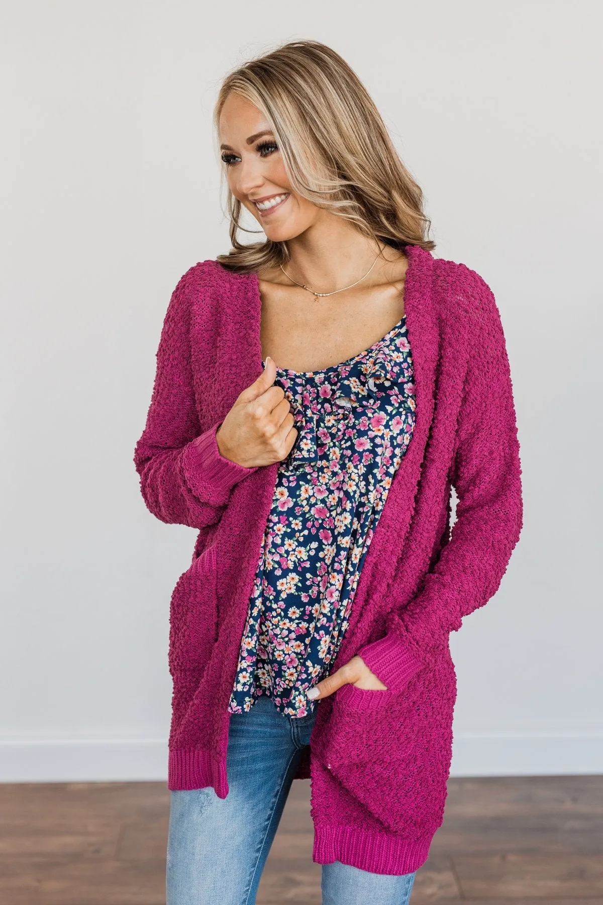 Stealing Glances Popcorn Knit Cardigan- Magenta