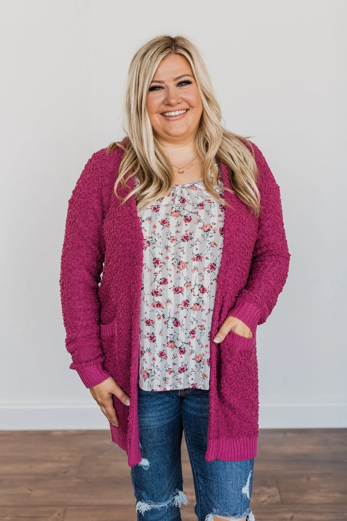 Stealing Glances Popcorn Knit Cardigan- Magenta