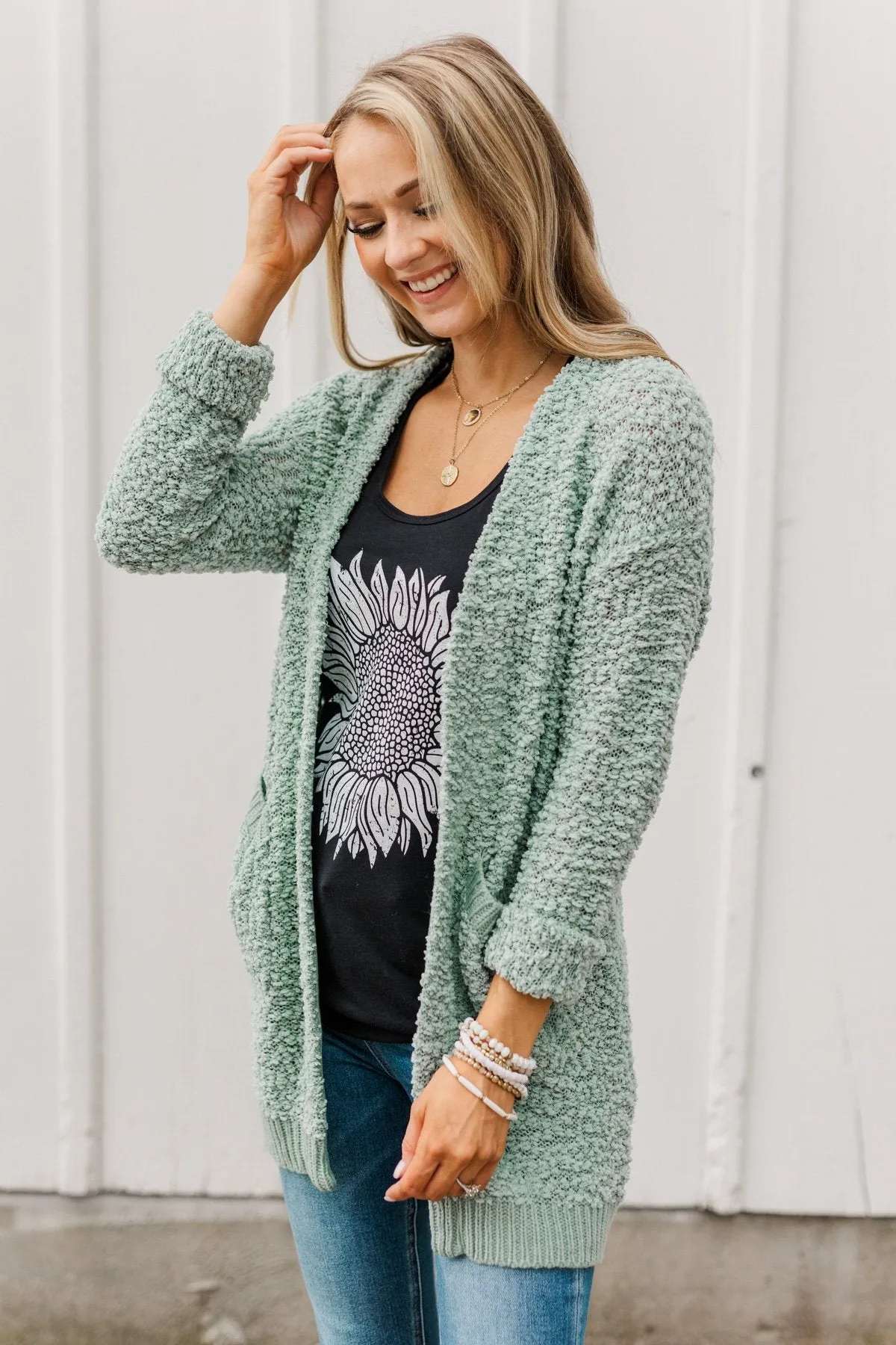 Stealing Glances Popcorn Knit Cardigan- Seafoam