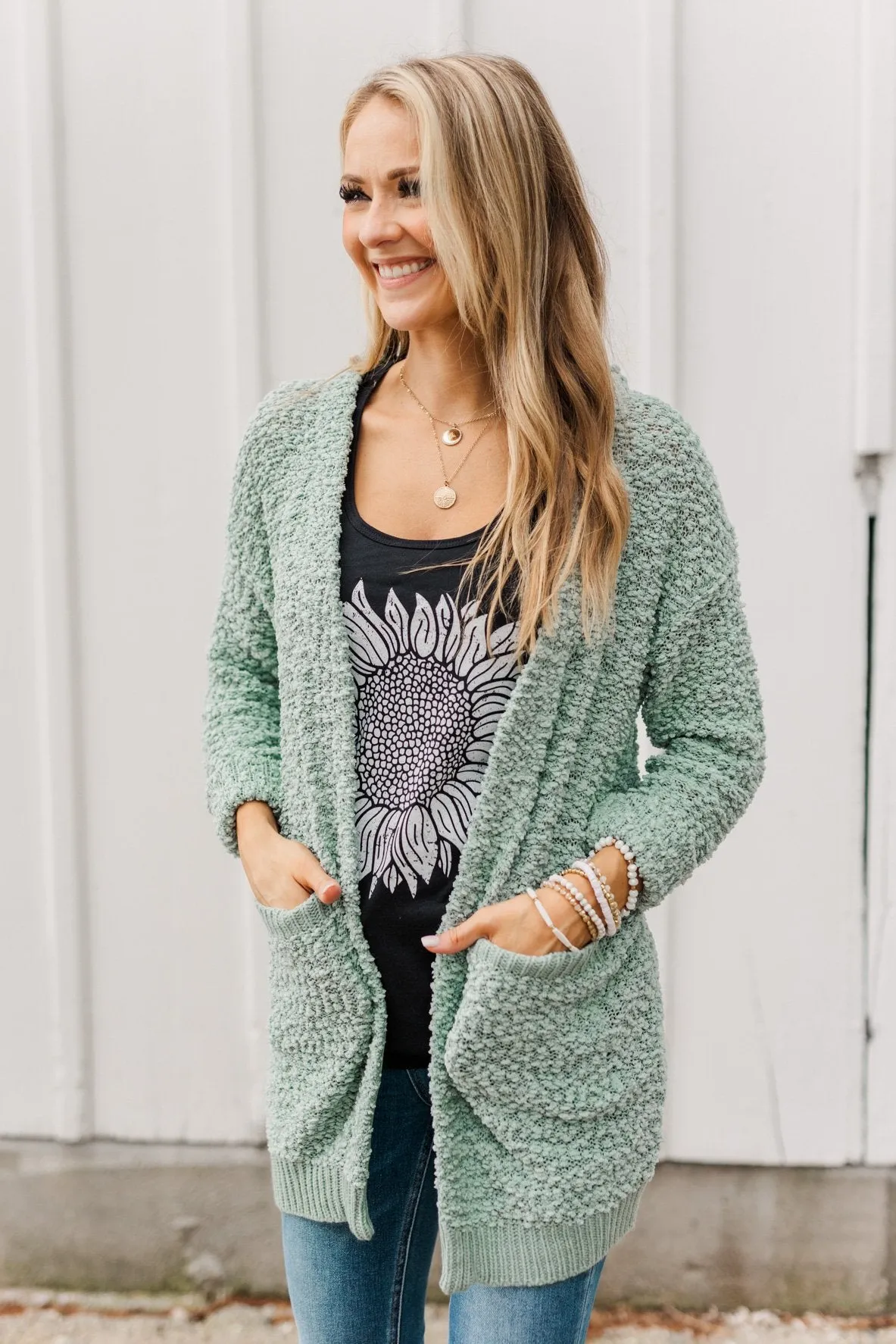 Stealing Glances Popcorn Knit Cardigan- Seafoam