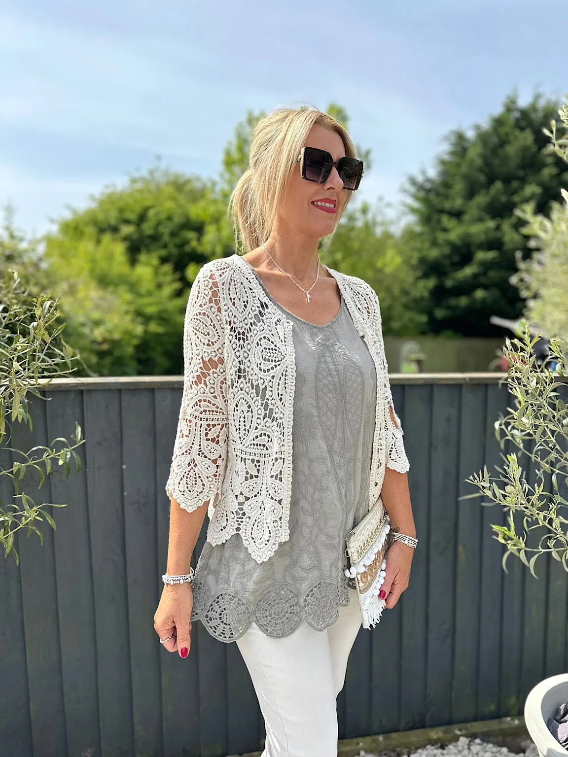 Stone Crochet Pearl Button Cardigan Lainey