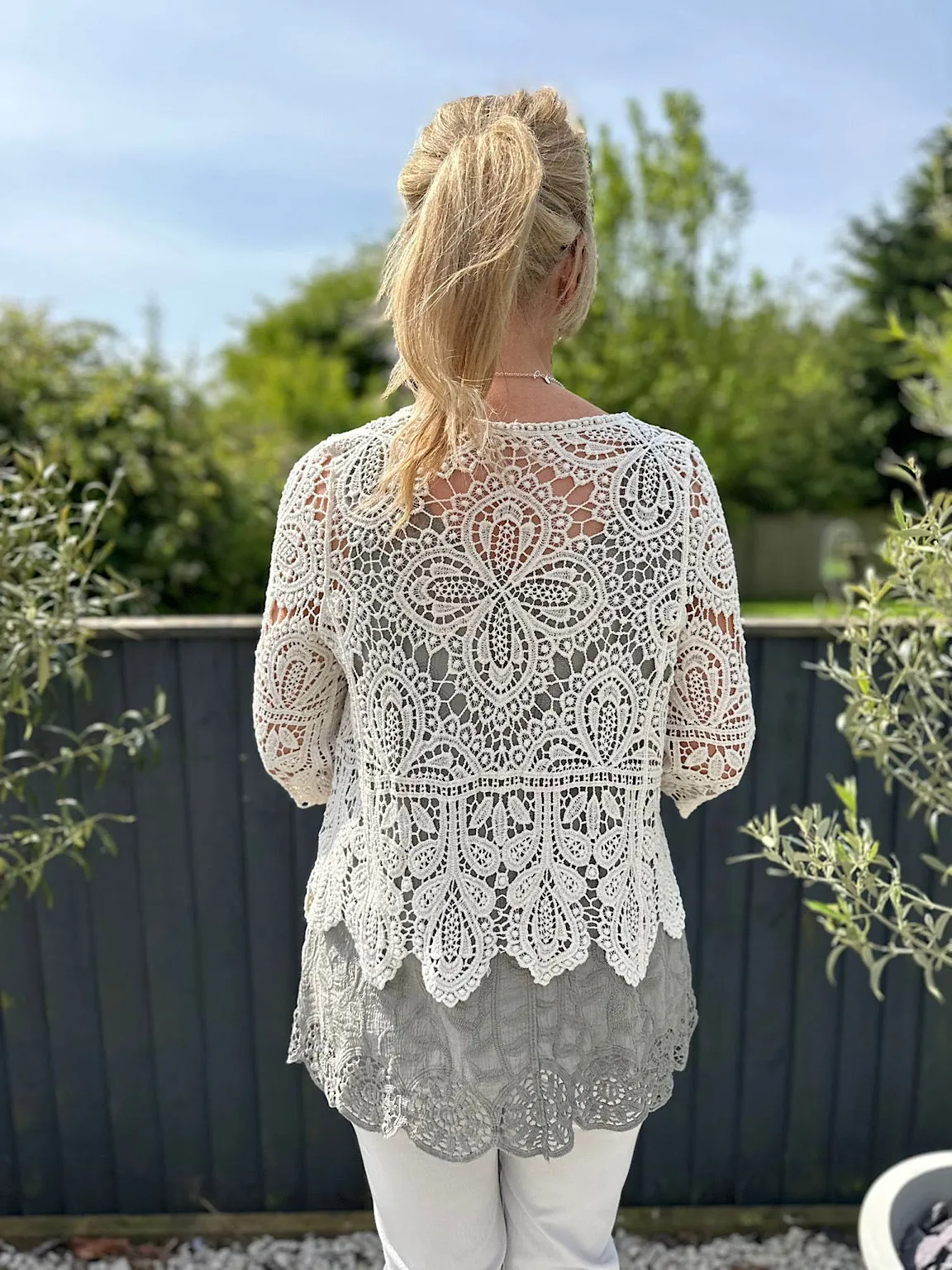 Stone Crochet Pearl Button Cardigan Lainey