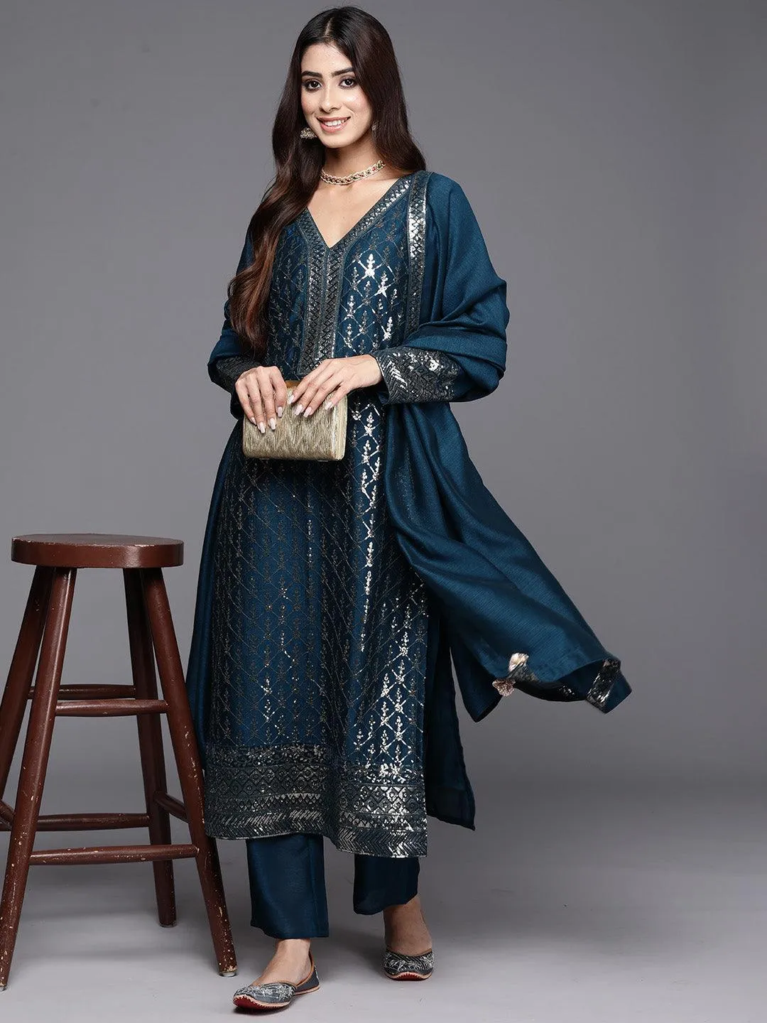 Teal Embroidered Silk Blend Straight Suit With Dupatta