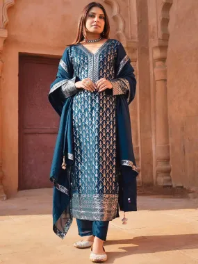 Teal Embroidered Silk Blend Straight Suit With Dupatta